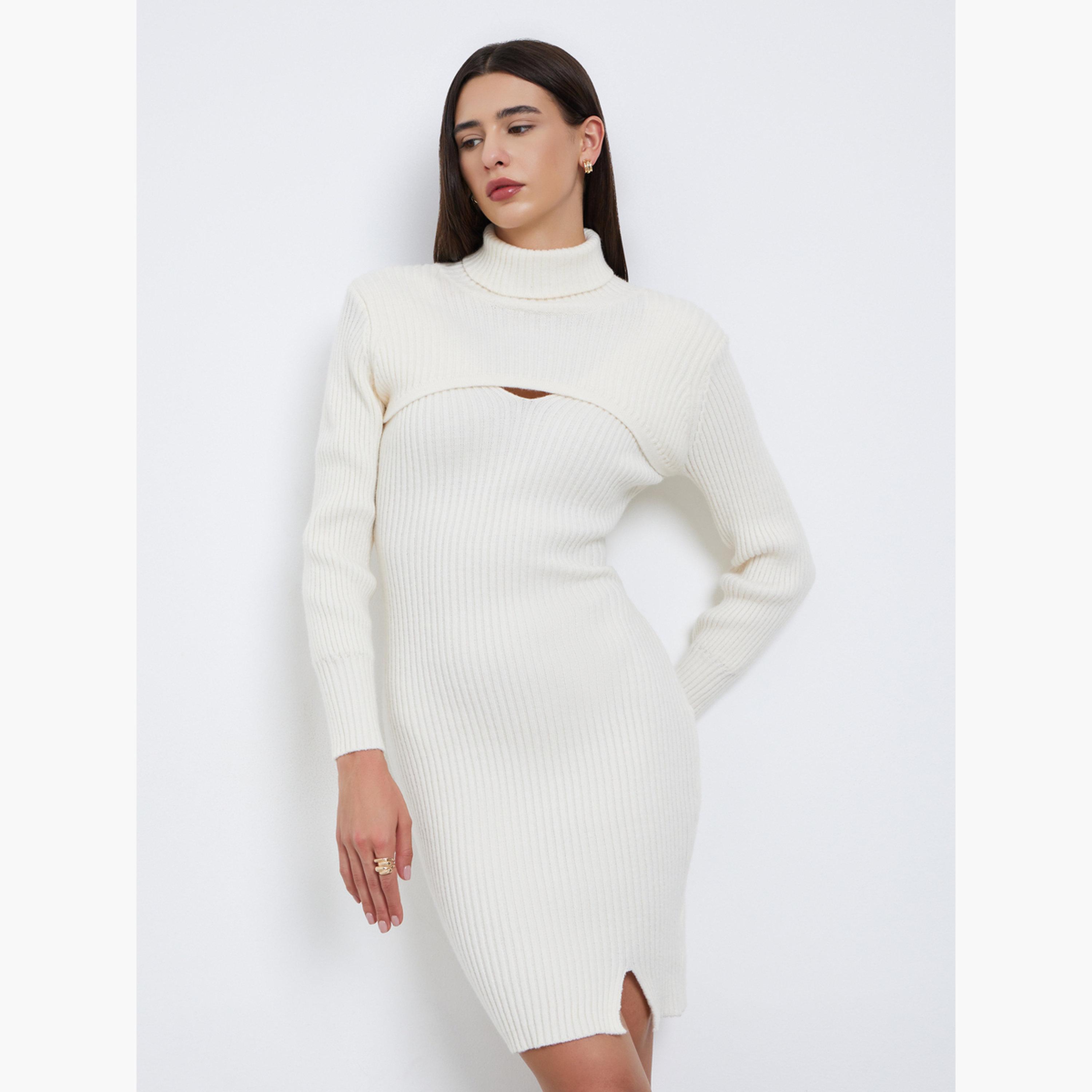 ستايلي - فستان محبوك لون اوف وايت بطول الركبة-women-clothing-dresses-image-3