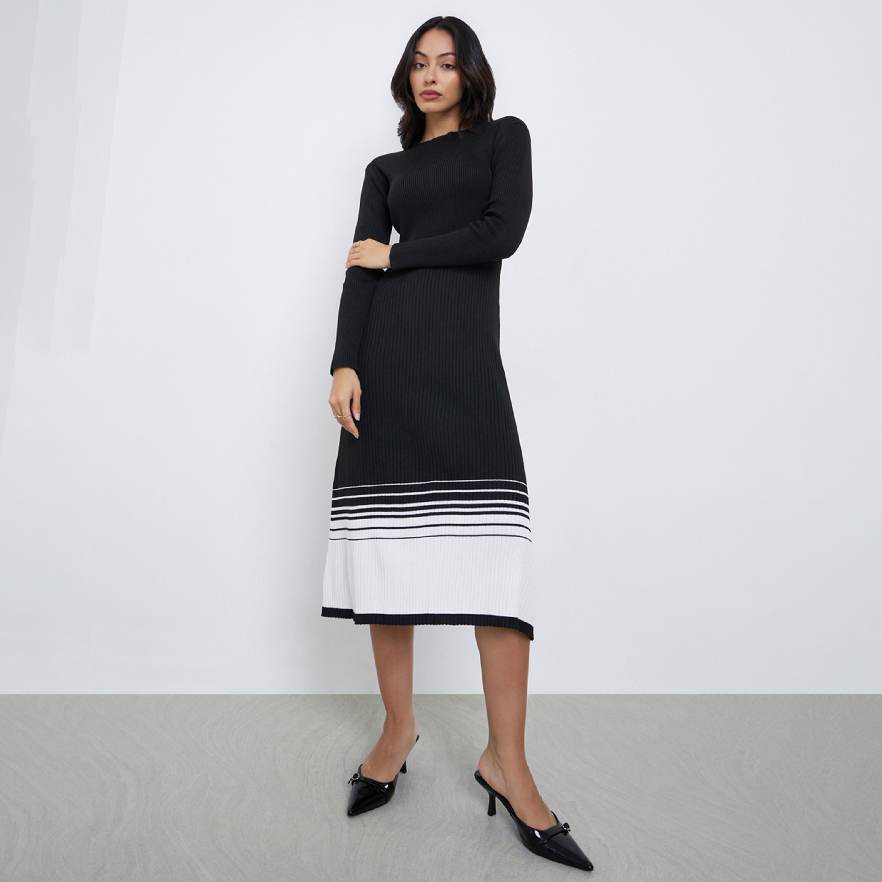 Styli Color Block Long Sleeves Sweater Midi Dress-women-clothing-dresses-image-1