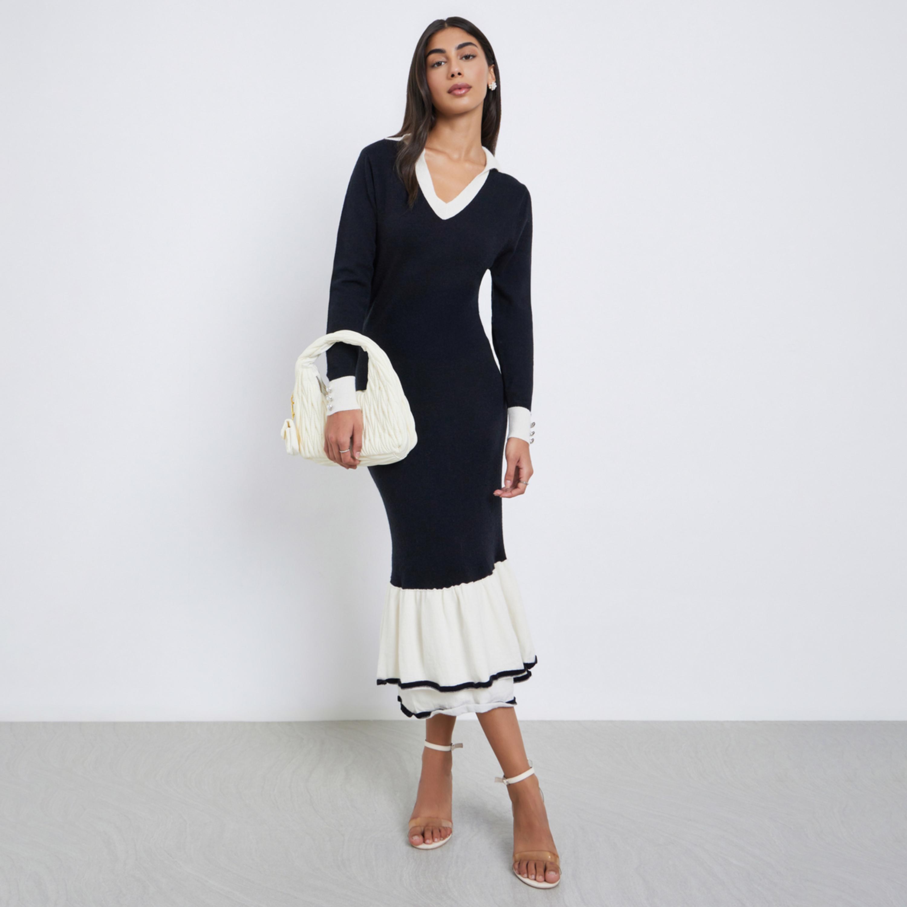 ستايلي - فستان متوسط ​​الطول بحافة حورية البحر بألوان متعددة-women-clothing-dresses-image-1