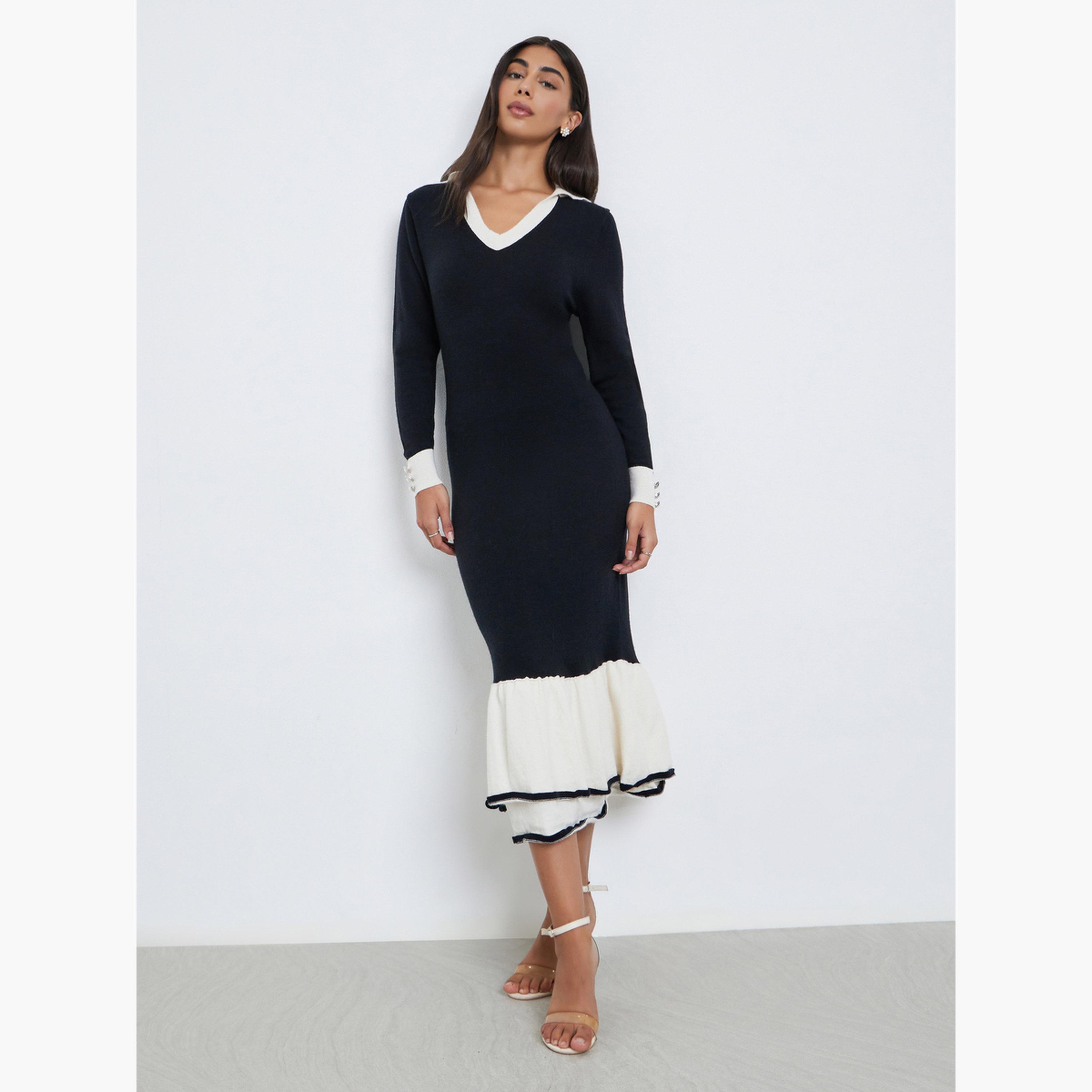 ستايلي - فستان متوسط ​​الطول بحافة حورية البحر بألوان متعددة-women-clothing-dresses-image-2