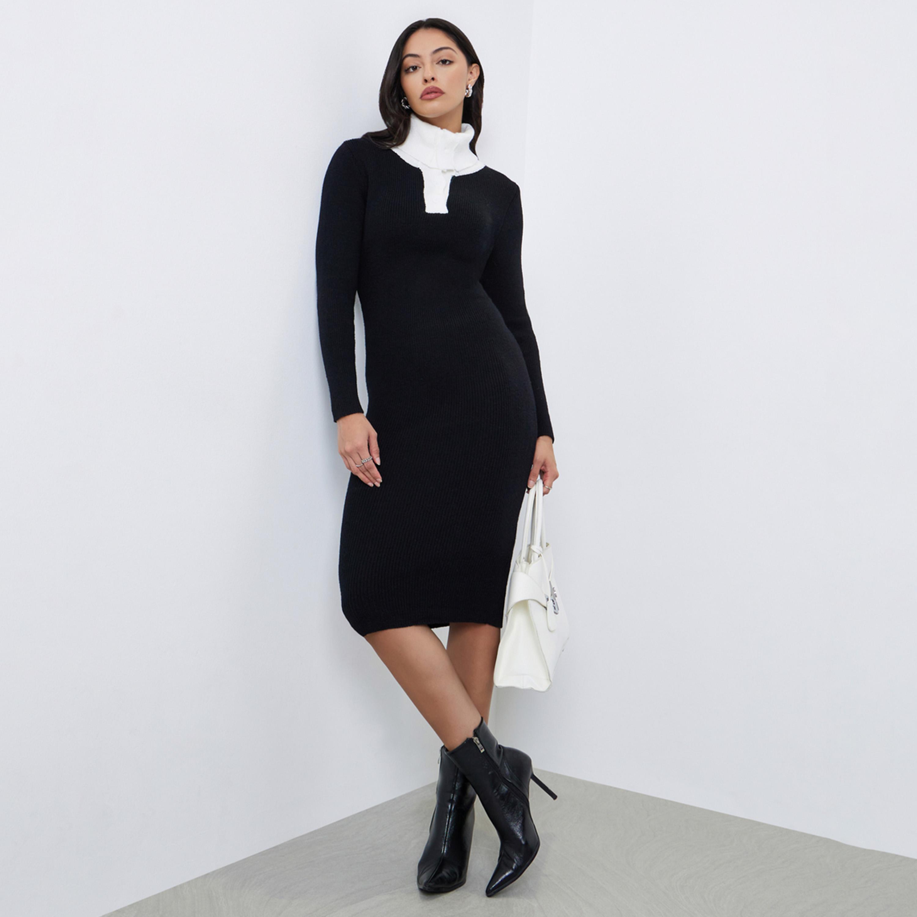 Styli Black Ribbed Knit Sweater Midi Dress-women-clothing-dresses-image-1
