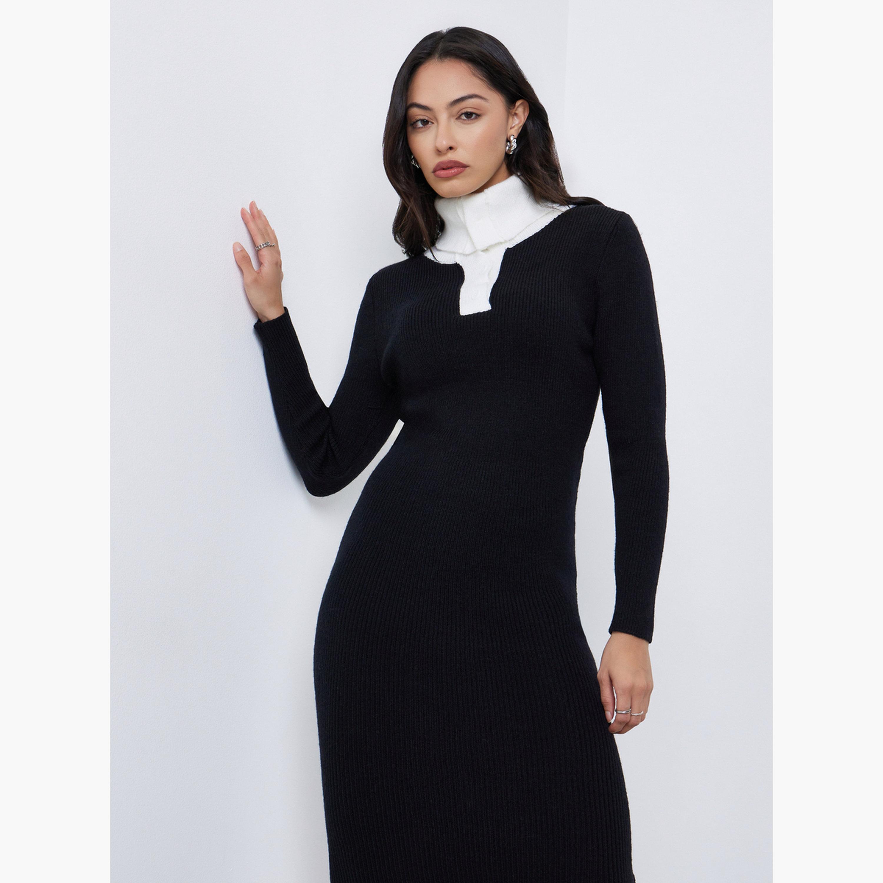Styli Black Ribbed Knit Sweater Midi Dress-women-clothing-dresses-image-2