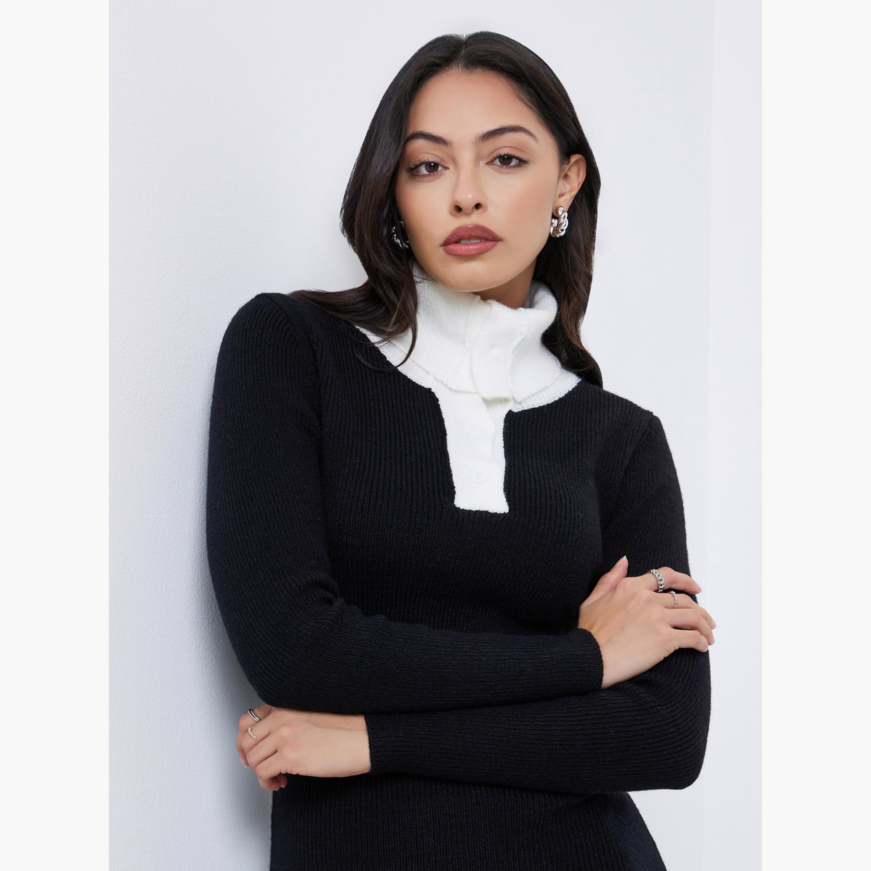 Styli Black Ribbed Knit Sweater Midi Dress-women-clothing-dresses-image-3