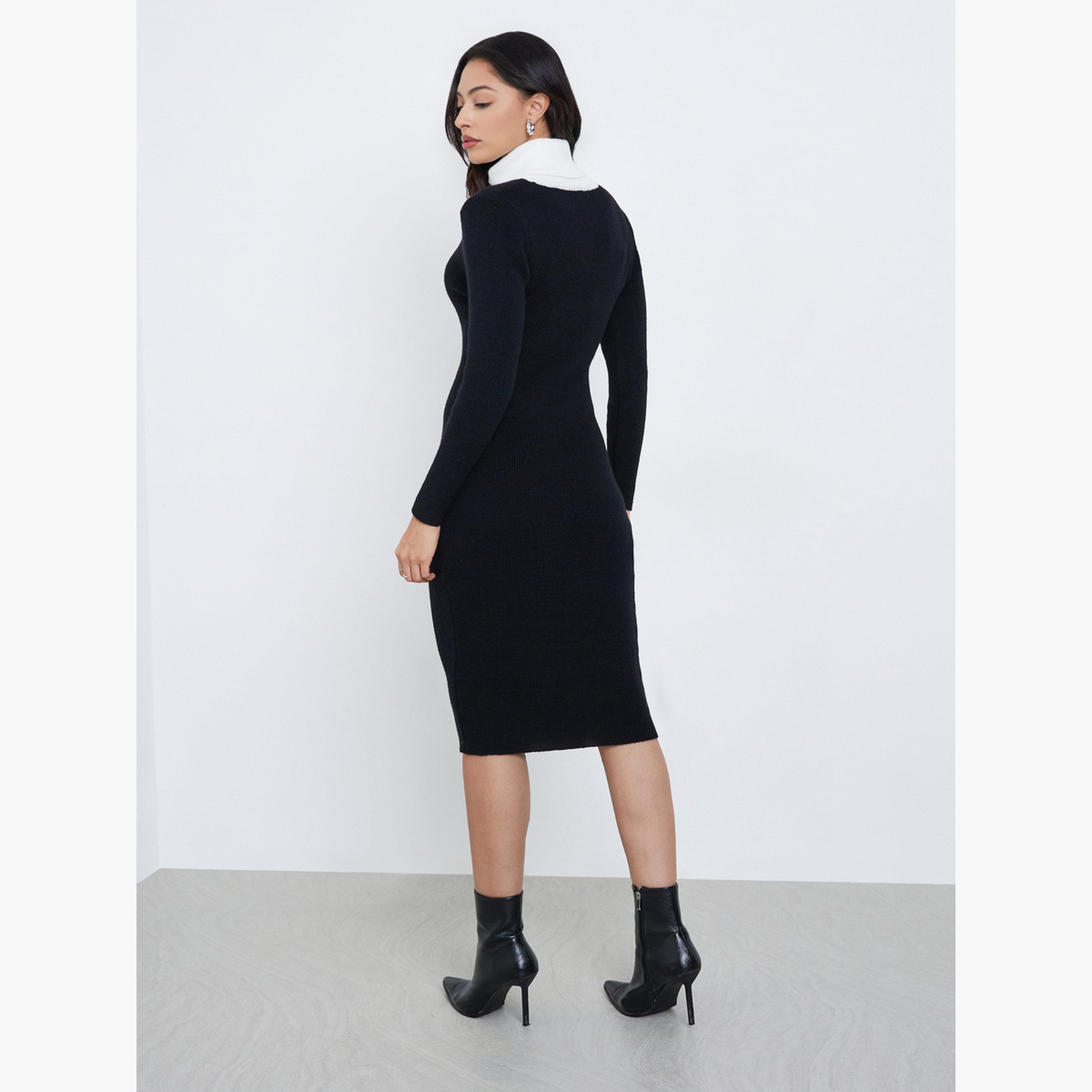 Styli Black Ribbed Knit Sweater Midi Dress-women-clothing-dresses-image-4