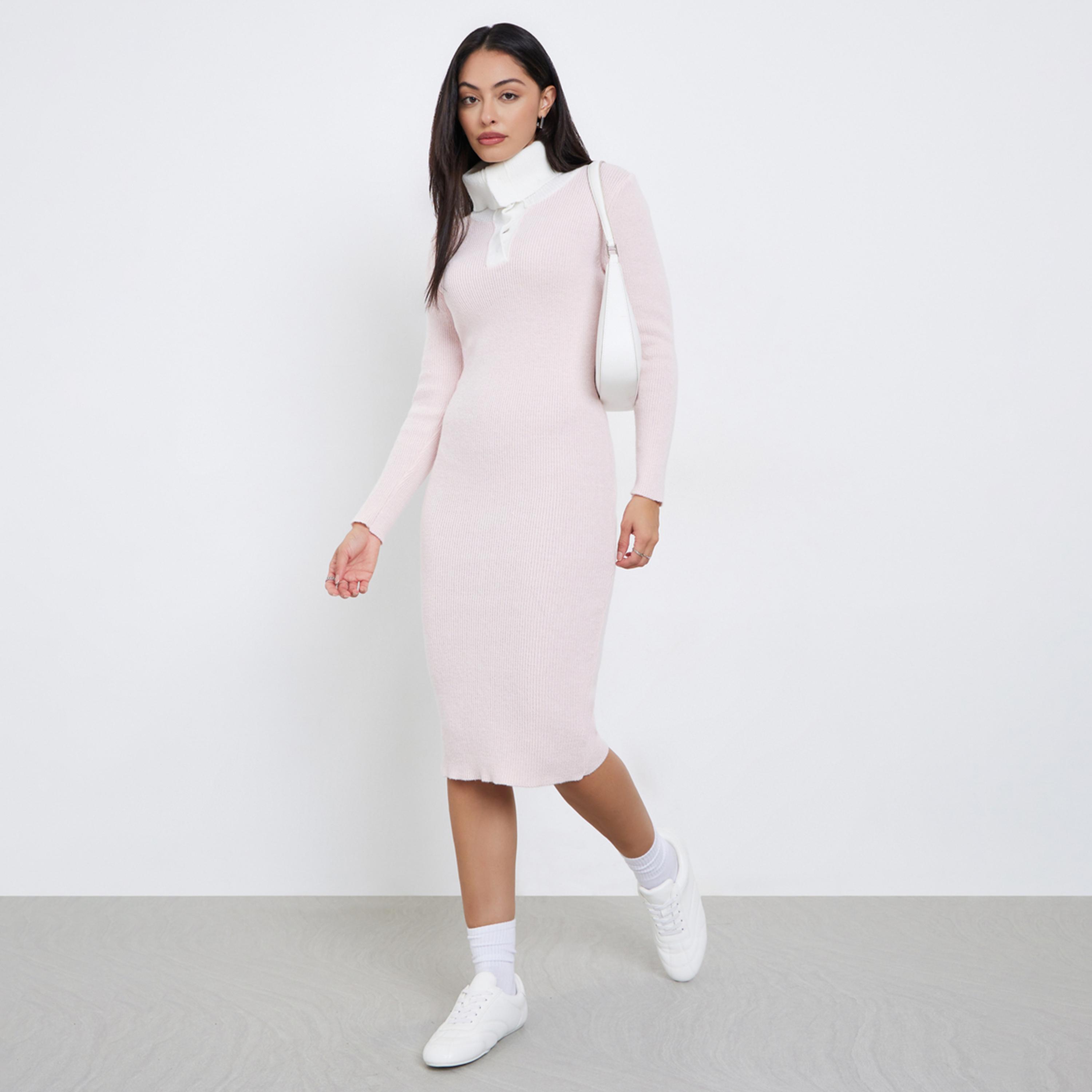 Styli Light Pink Ribbed Knit Sweater Midi Dress-women-clothing-dresses-image-1