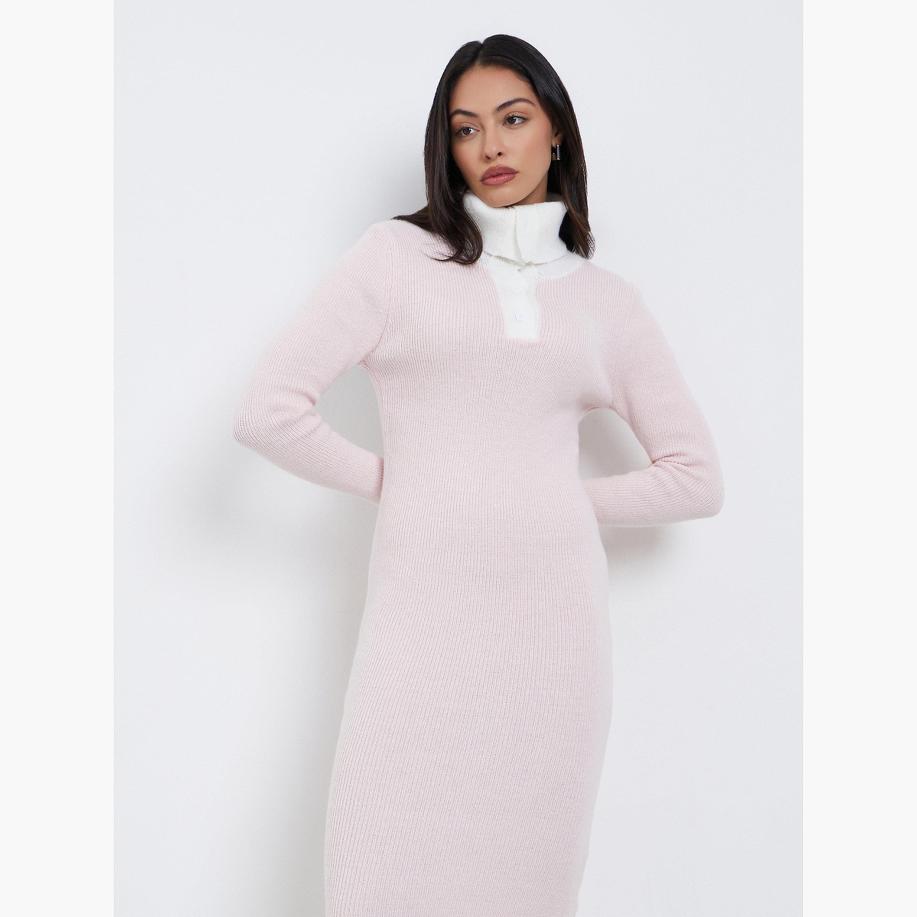Styli Light Pink Ribbed Knit Sweater Midi Dress-women-clothing-dresses-image-2