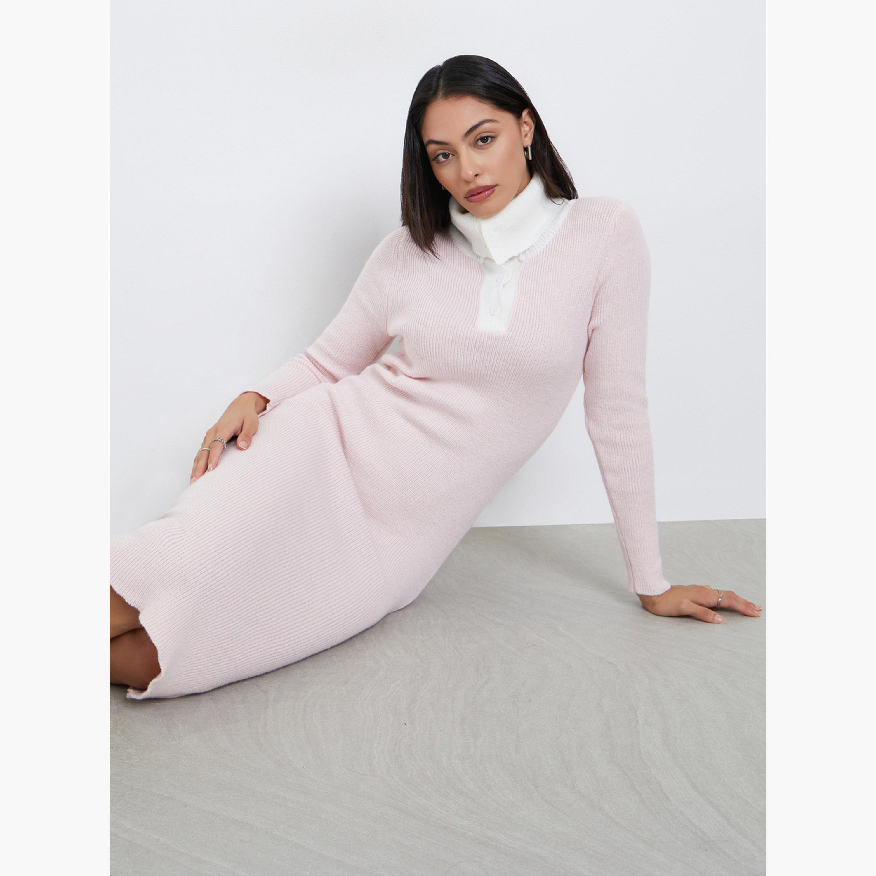 Styli Light Pink Ribbed Knit Sweater Midi Dress-women-clothing-dresses-image-3