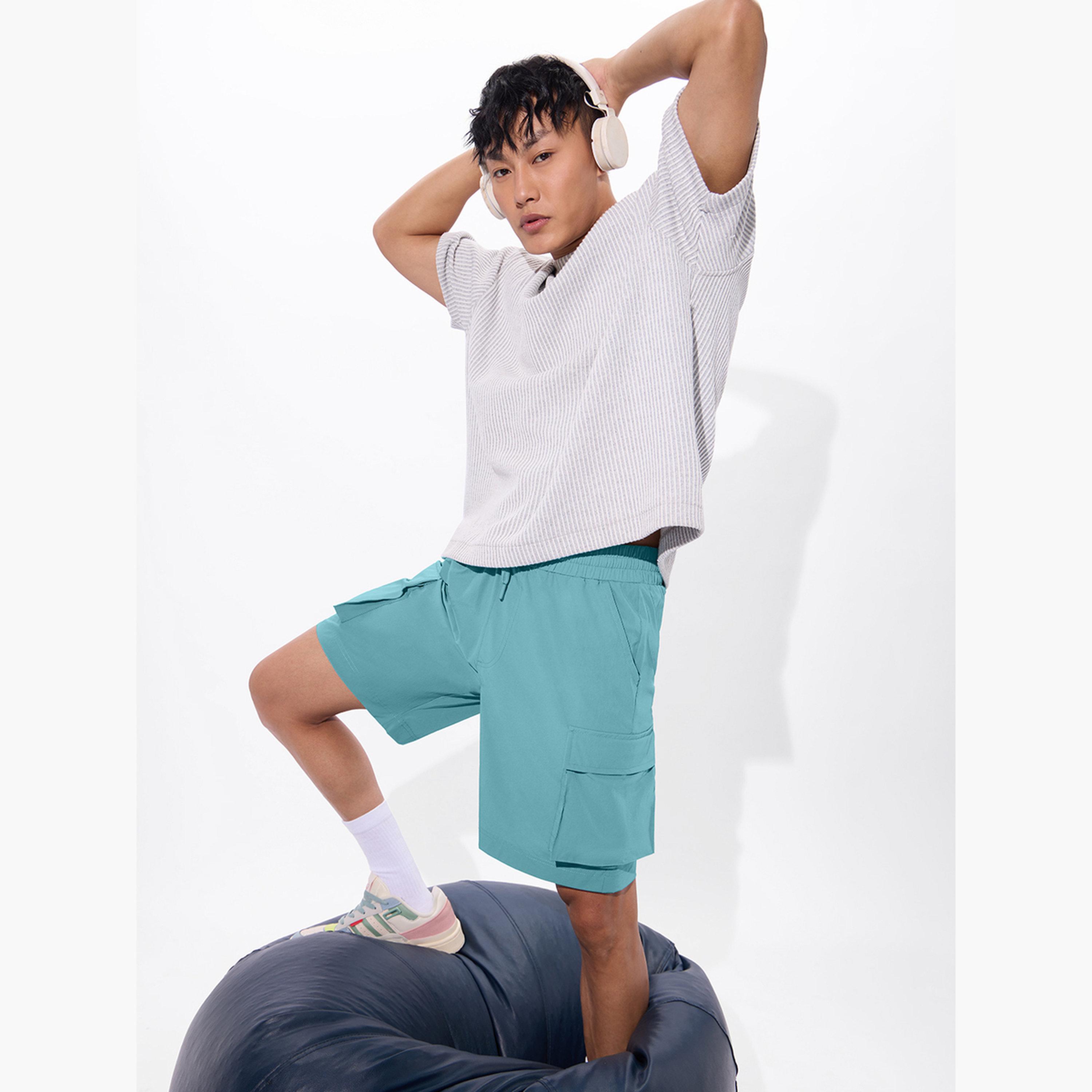 The Souled Store X Styli Men Blue Knee Length Cargo Shorts-men-clothing-bottoms-shorts-image-2