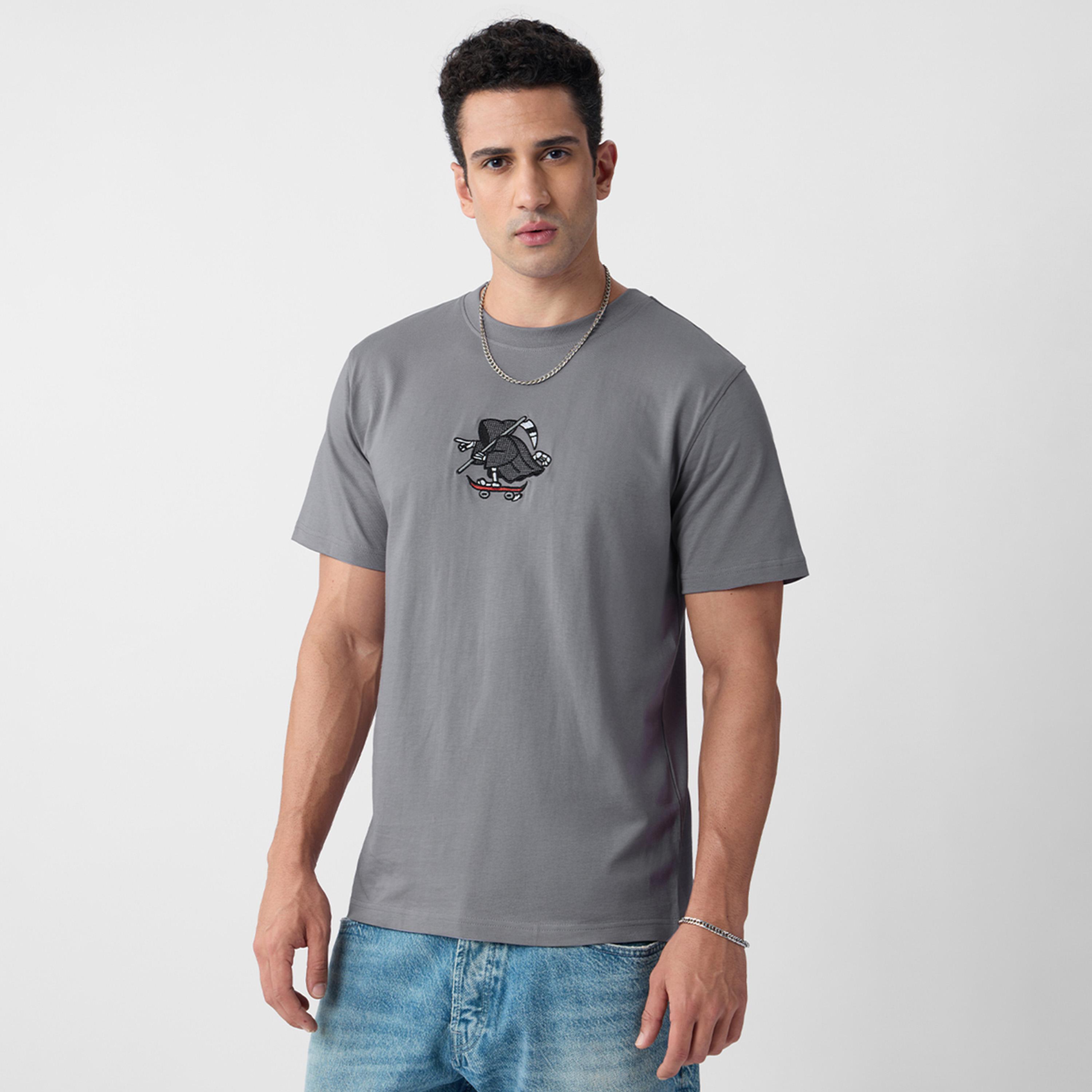 The Souled Store X Styli Men Grey Embroidered Relaxed Fit T-Shirt-men-clothing-tshirtsandpolos-tshirts-image-1