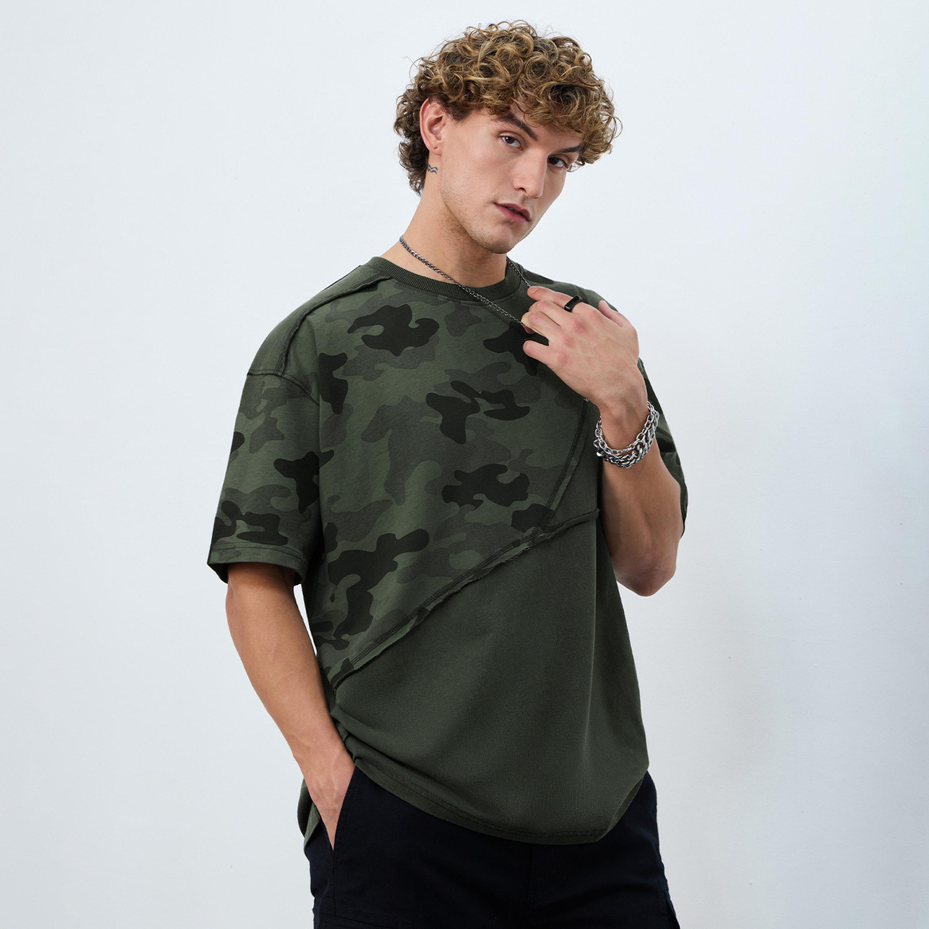 The Souled Store X Styli Men Green Camo Panel Oversized T-Shirt-men-clothing-tshirtsandpolos-tshirts-image-1