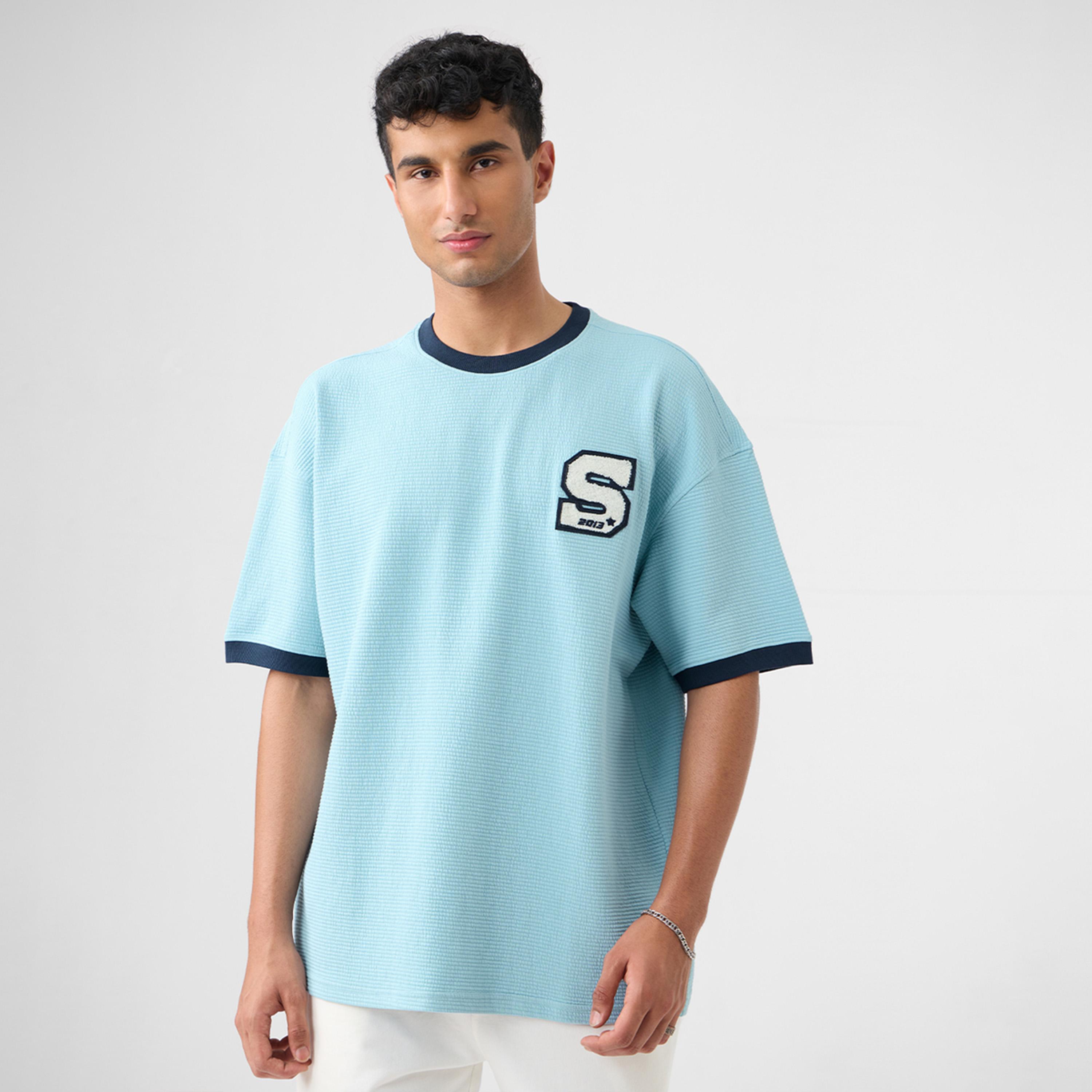 The Souled Store X Styli Men Blue Textured Oversized T-Shirt-men-clothing-tshirtsandpolos-tshirts-image-1