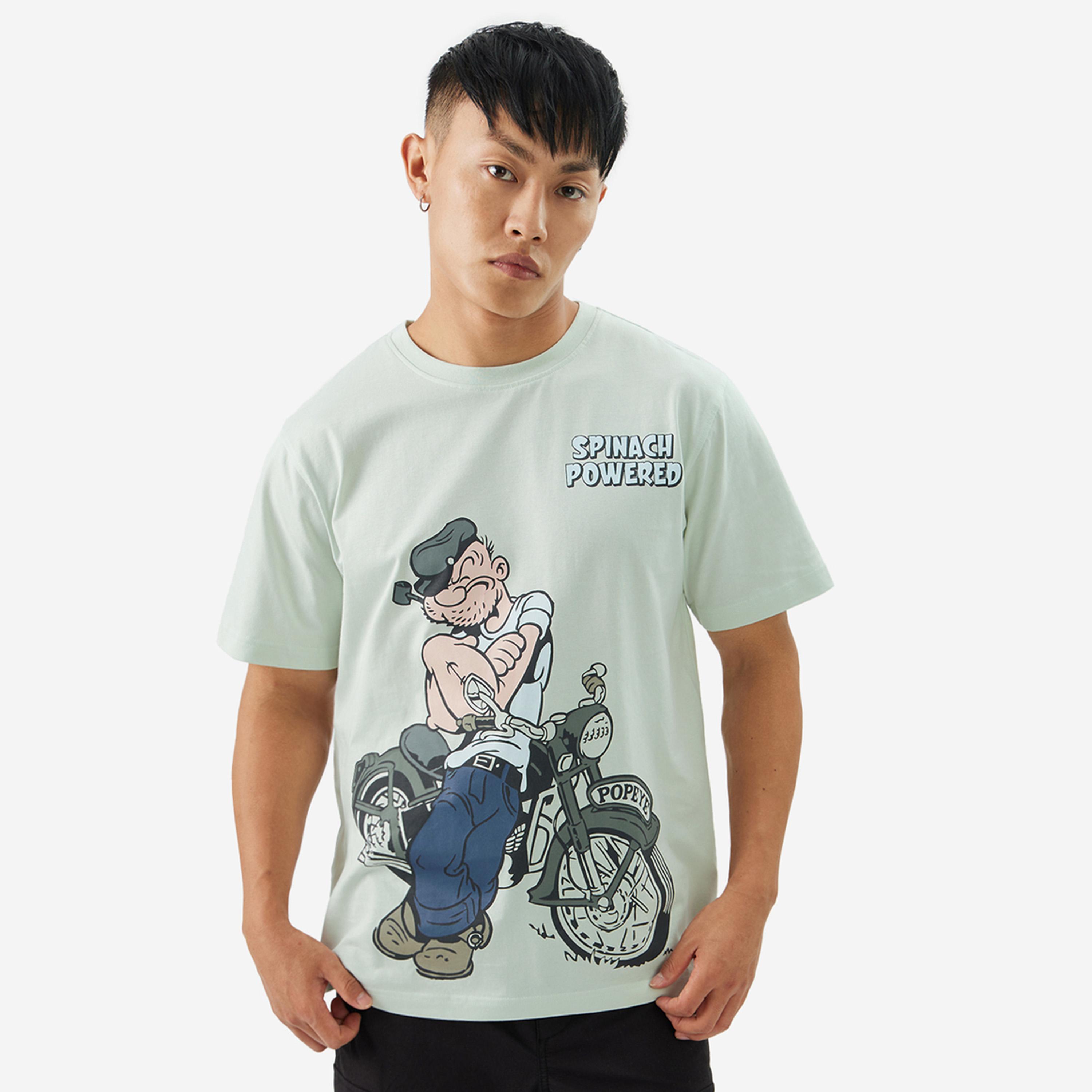 ذا سولد ستور × ستايلي - تي شيرت رجالي مريح برسومات باباي لون أخضر-men-clothing-tshirtsandpolos-tshirts-image-1