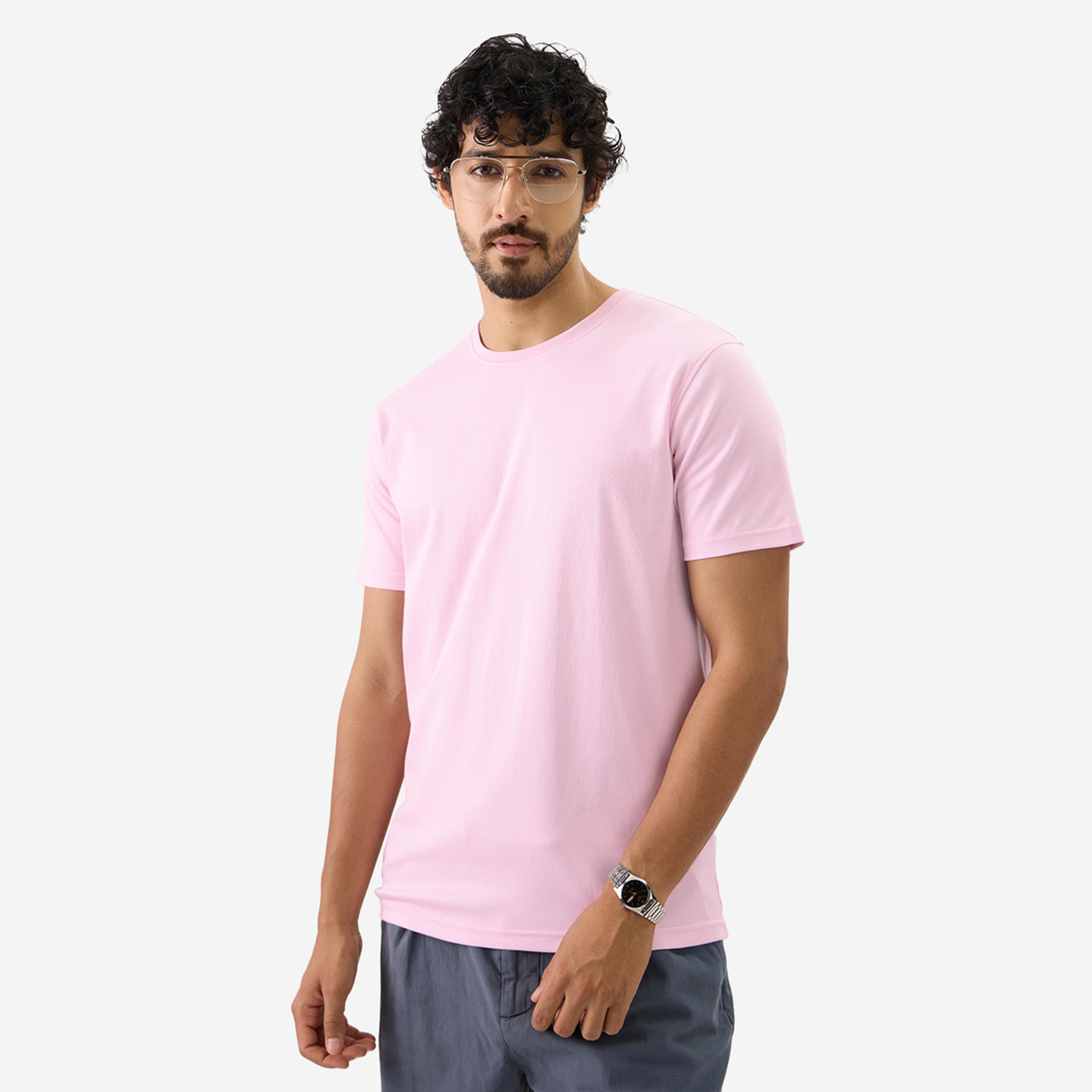 The Souled Store X Styli Men Pink Plain Interlock Cotton T-Shirt-men-clothing-tshirtsandpolos-tshirts-image-1