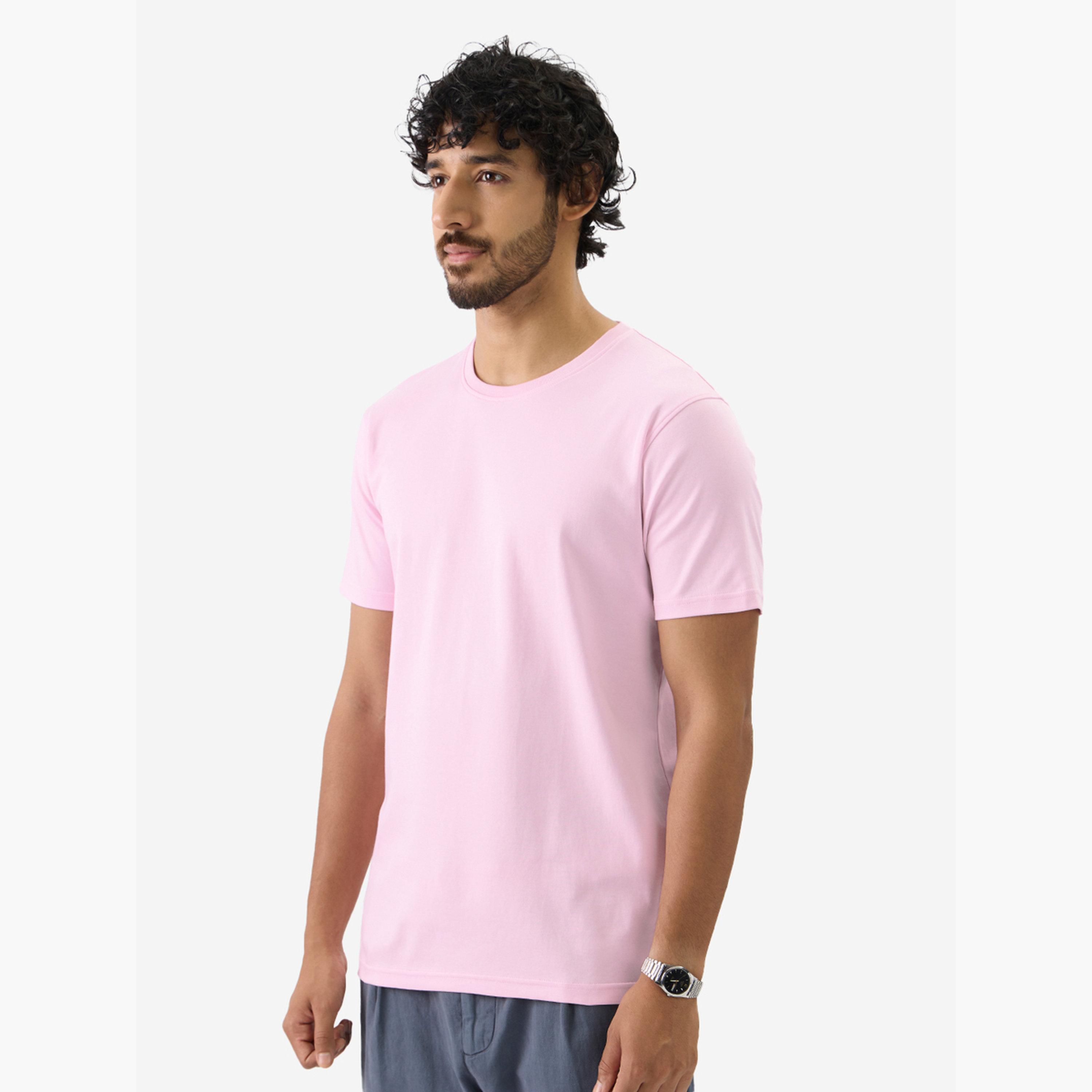 The Souled Store X Styli Men Pink Plain Interlock Cotton T-Shirt-men-clothing-tshirtsandpolos-tshirts-image-3