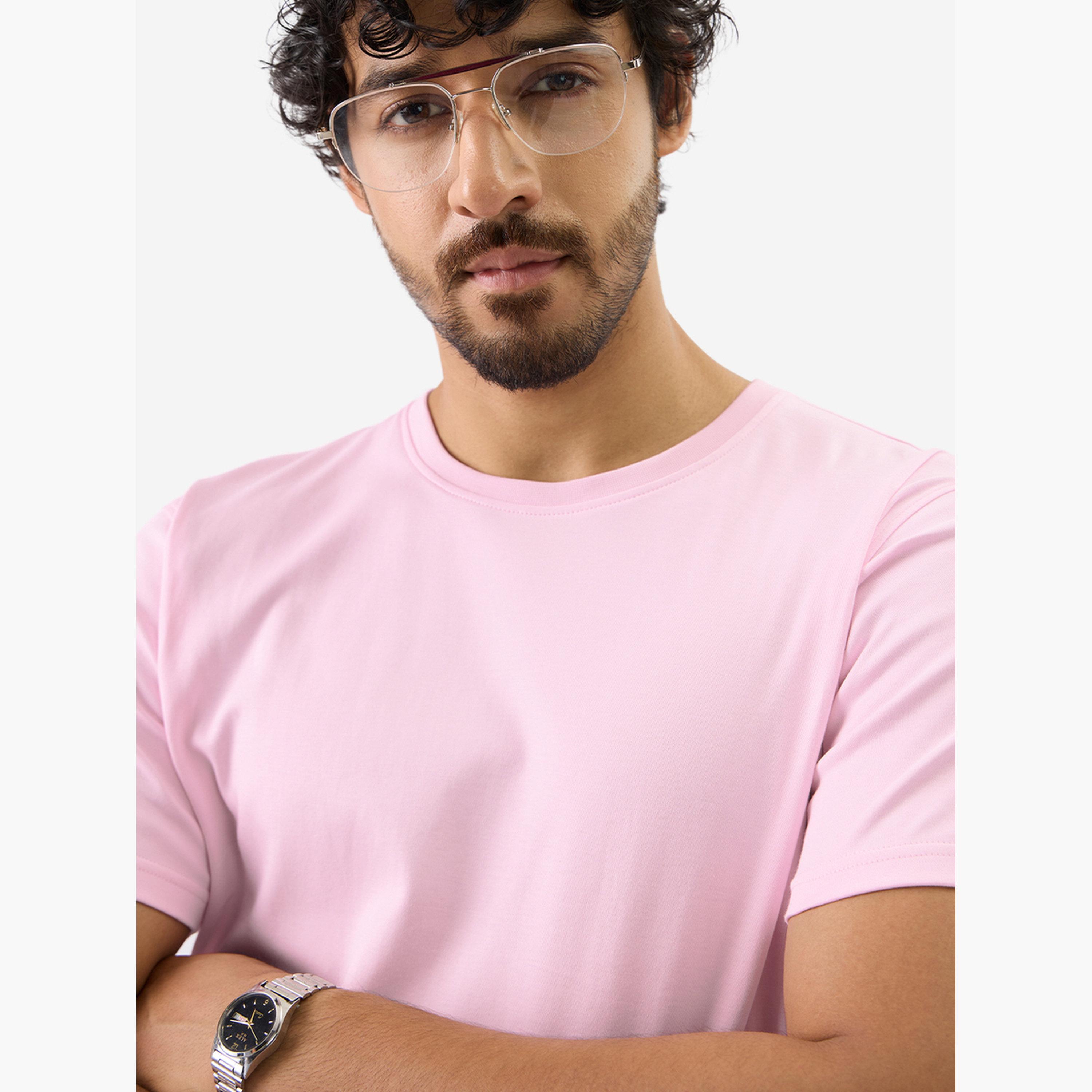 The Souled Store X Styli Men Pink Plain Interlock Cotton T-Shirt-men-clothing-tshirtsandpolos-tshirts-image-5