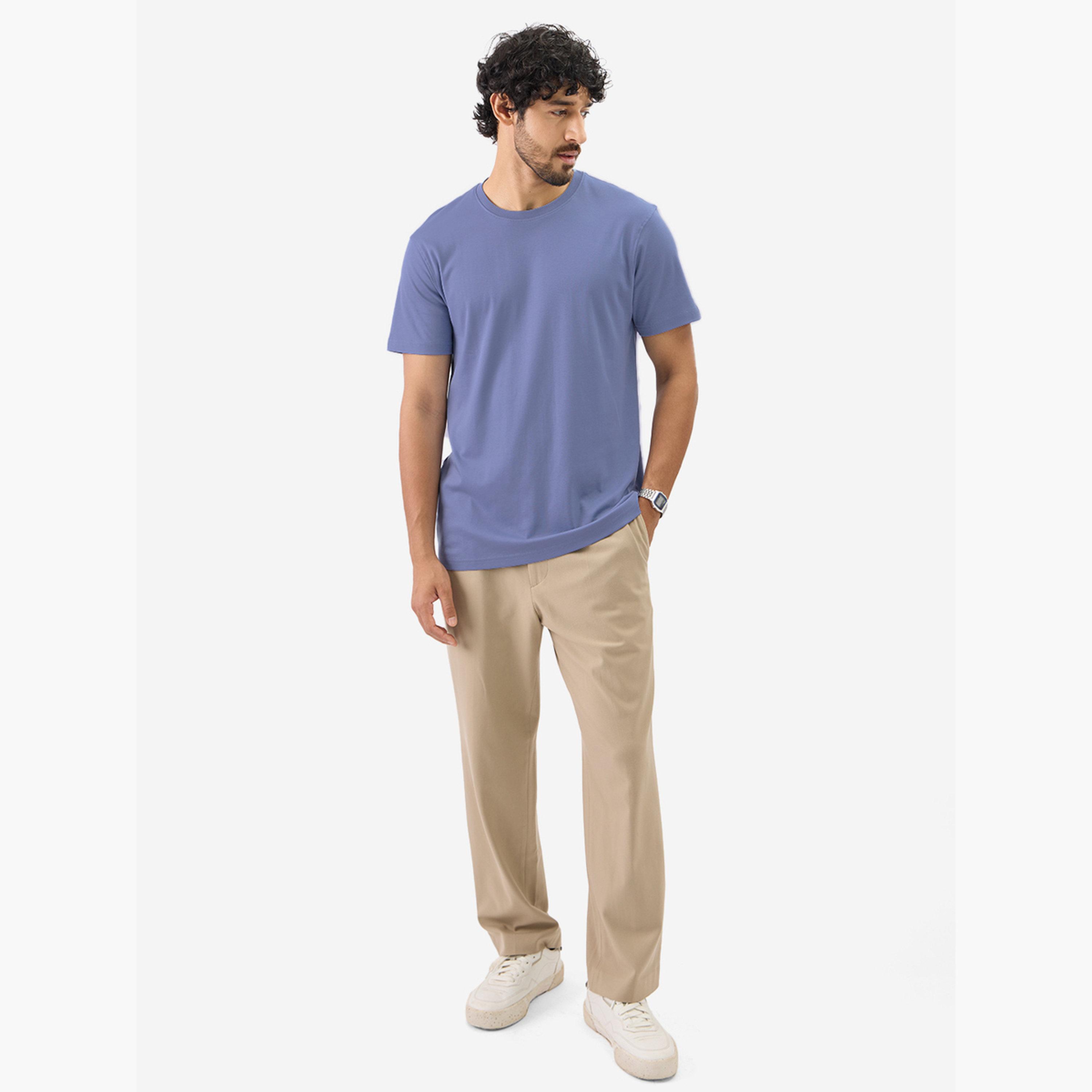 The Souled Store X Styli Men Blue Plain Interlock Cotton T-Shirt-men-clothing-tshirtsandpolos-tshirts-image-2