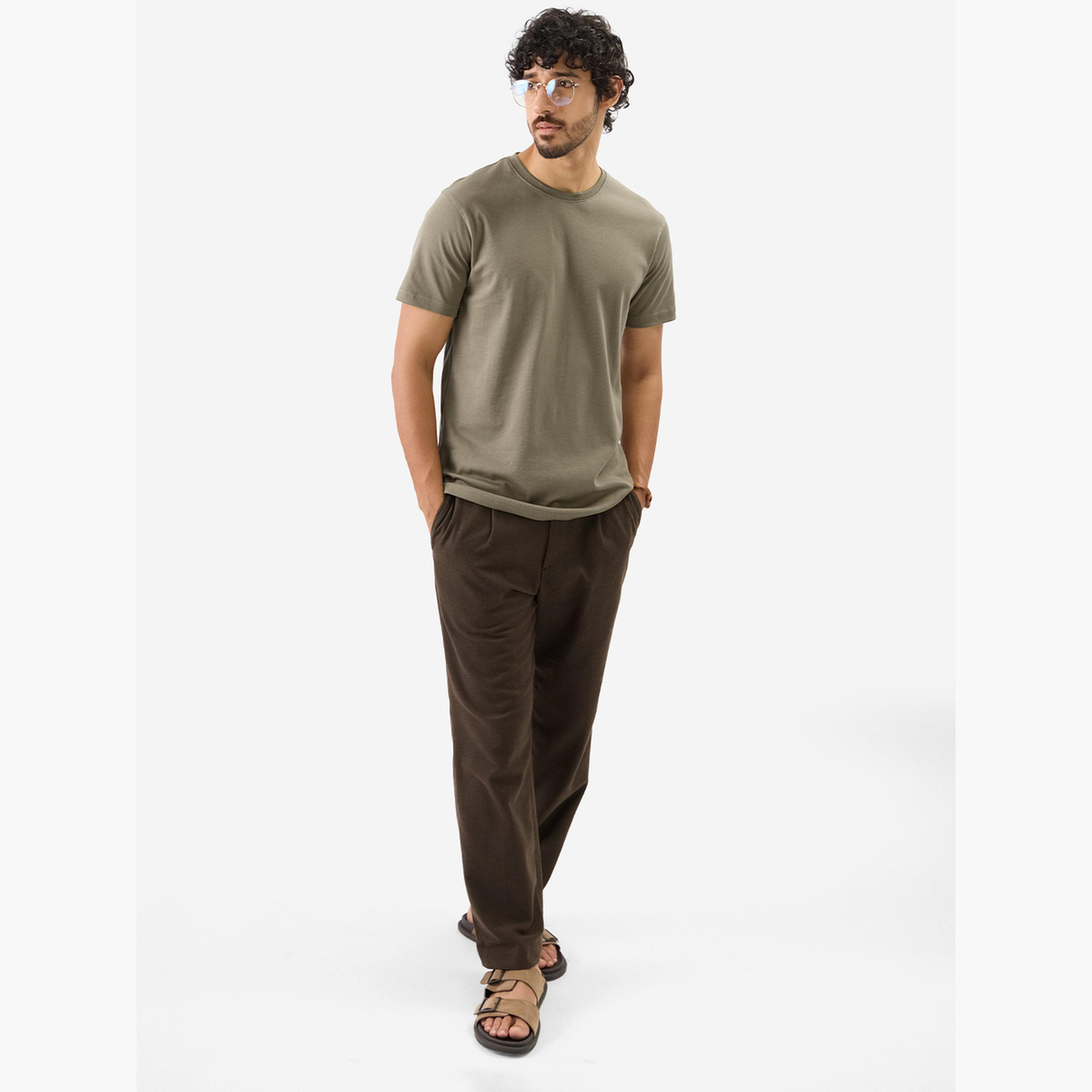 The Souled Store X Styli Men Khaki Plain Interlock Cotton T-Shirt-men-clothing-tshirtsandpolos-tshirts-image-2