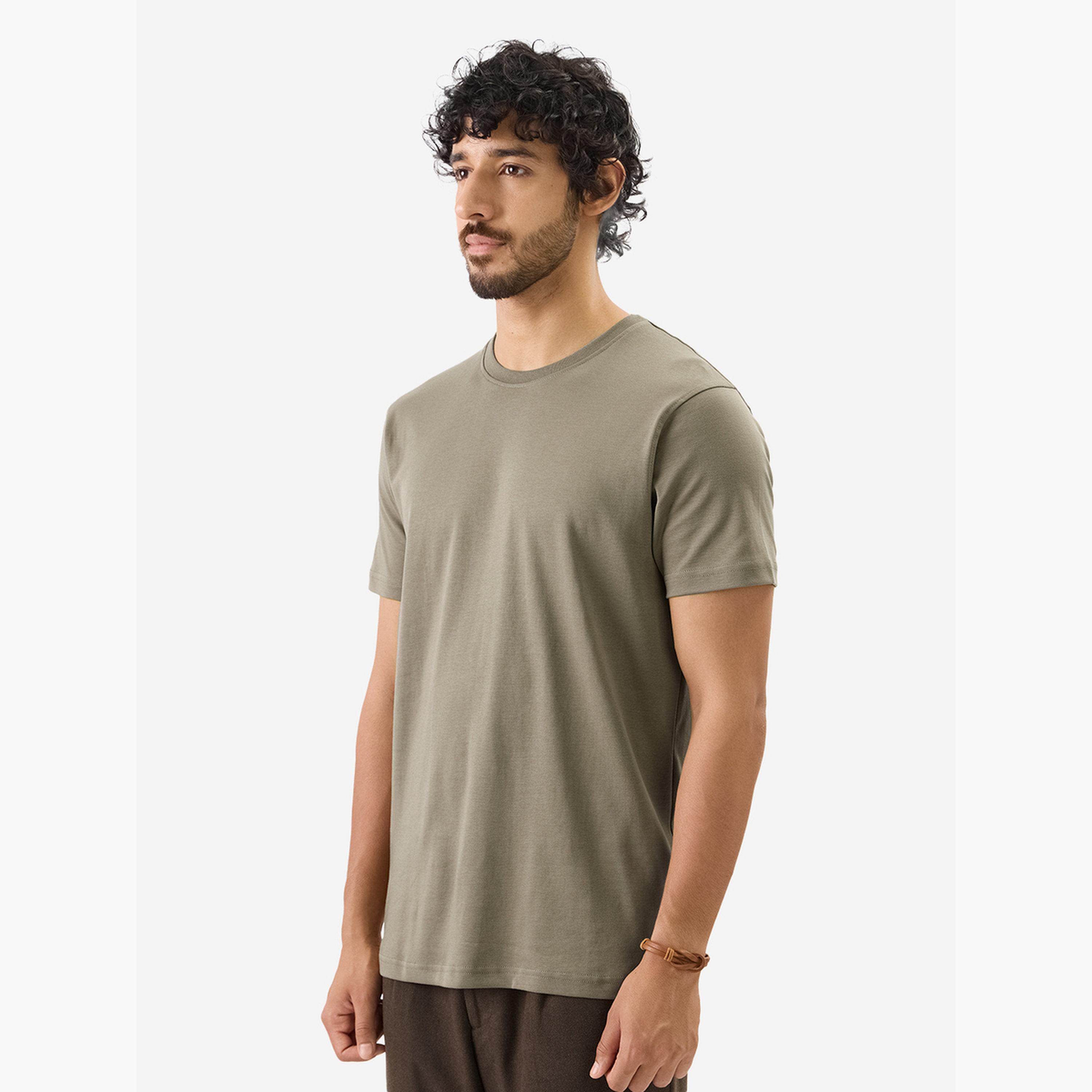 The Souled Store X Styli Men Khaki Plain Interlock Cotton T-Shirt-men-clothing-tshirtsandpolos-tshirts-image-3