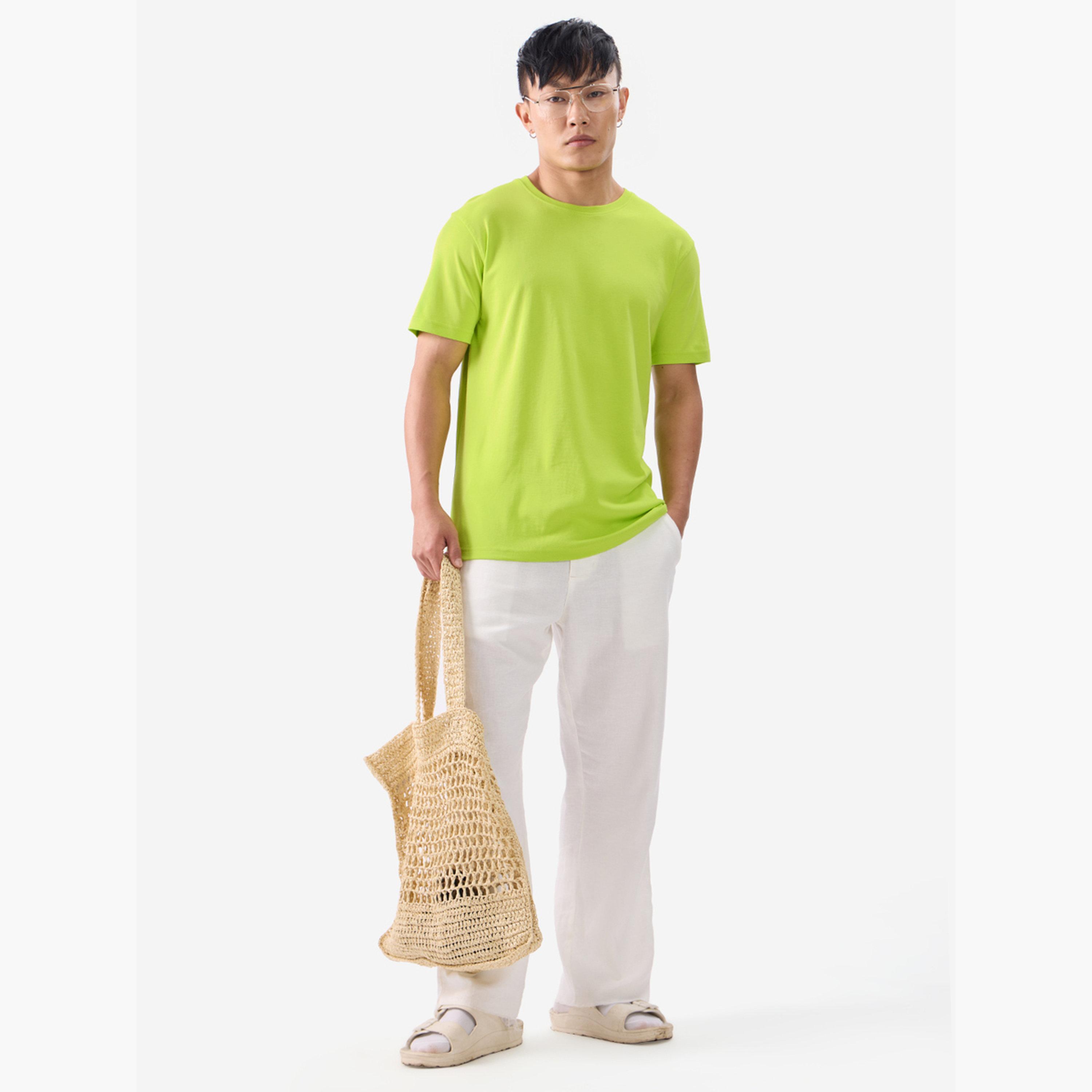 The Souled Store X Styli Men Neon Green Plain Interlock Cotton T-Shirt-men-clothing-tshirtsandpolos-tshirts-image-2