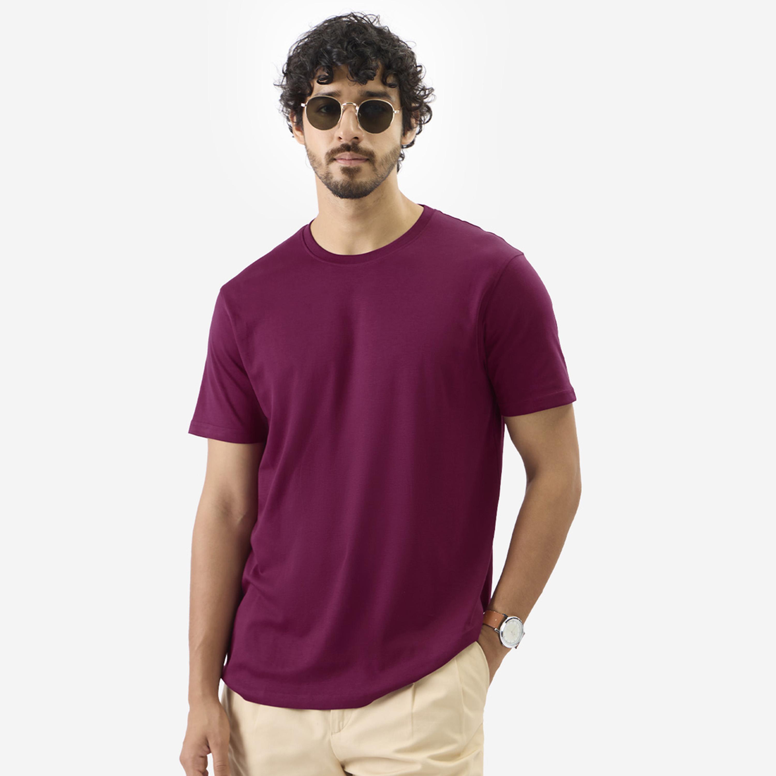 The Souled Store X Styli Men Burgundy Plain Interlock Cotton T-Shirt-men-clothing-tshirtsandpolos-tshirts-image-1