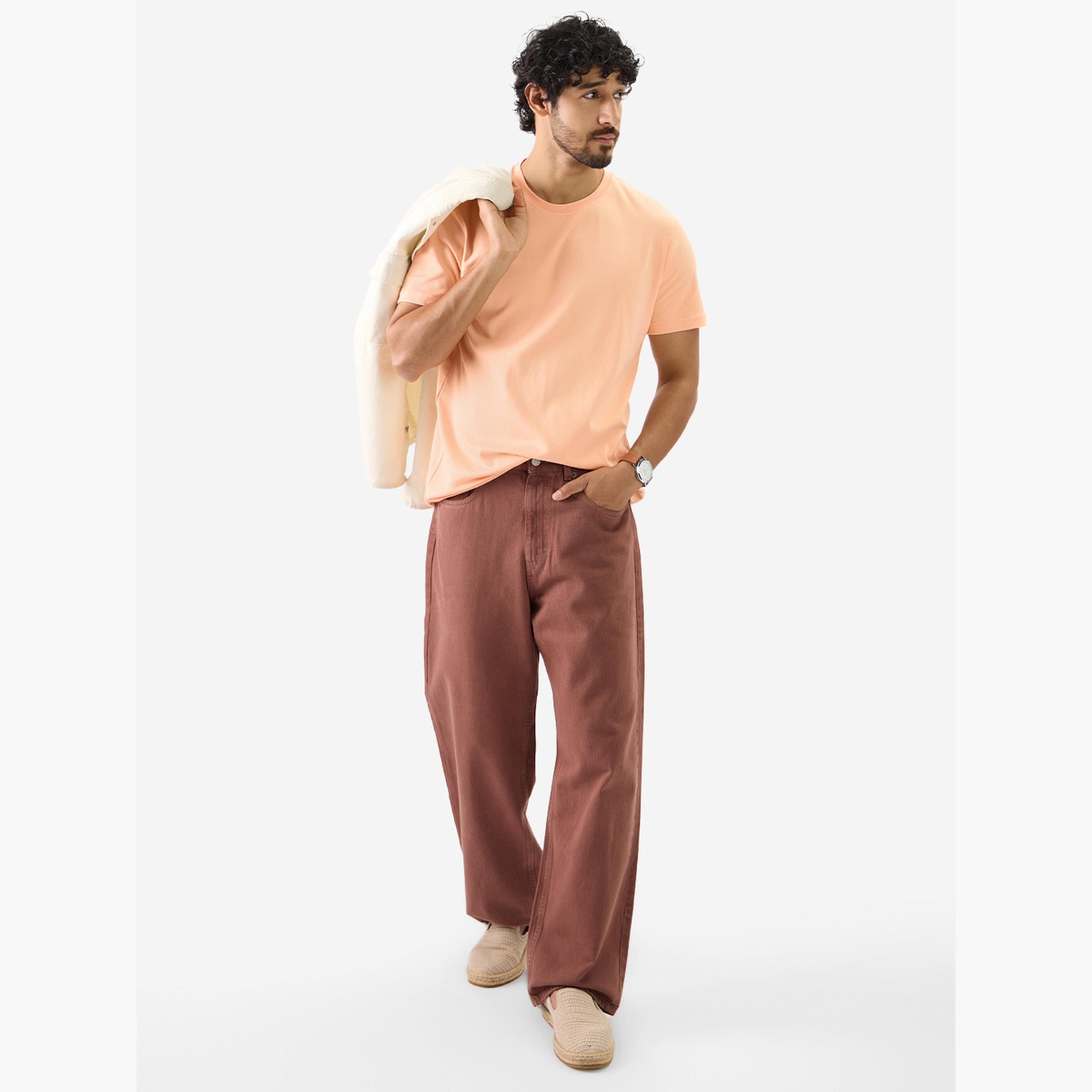 The Souled Store X Styli Men Peach Plain Interlock Cotton T-Shirt-men-clothing-tshirtsandpolos-tshirts-image-2