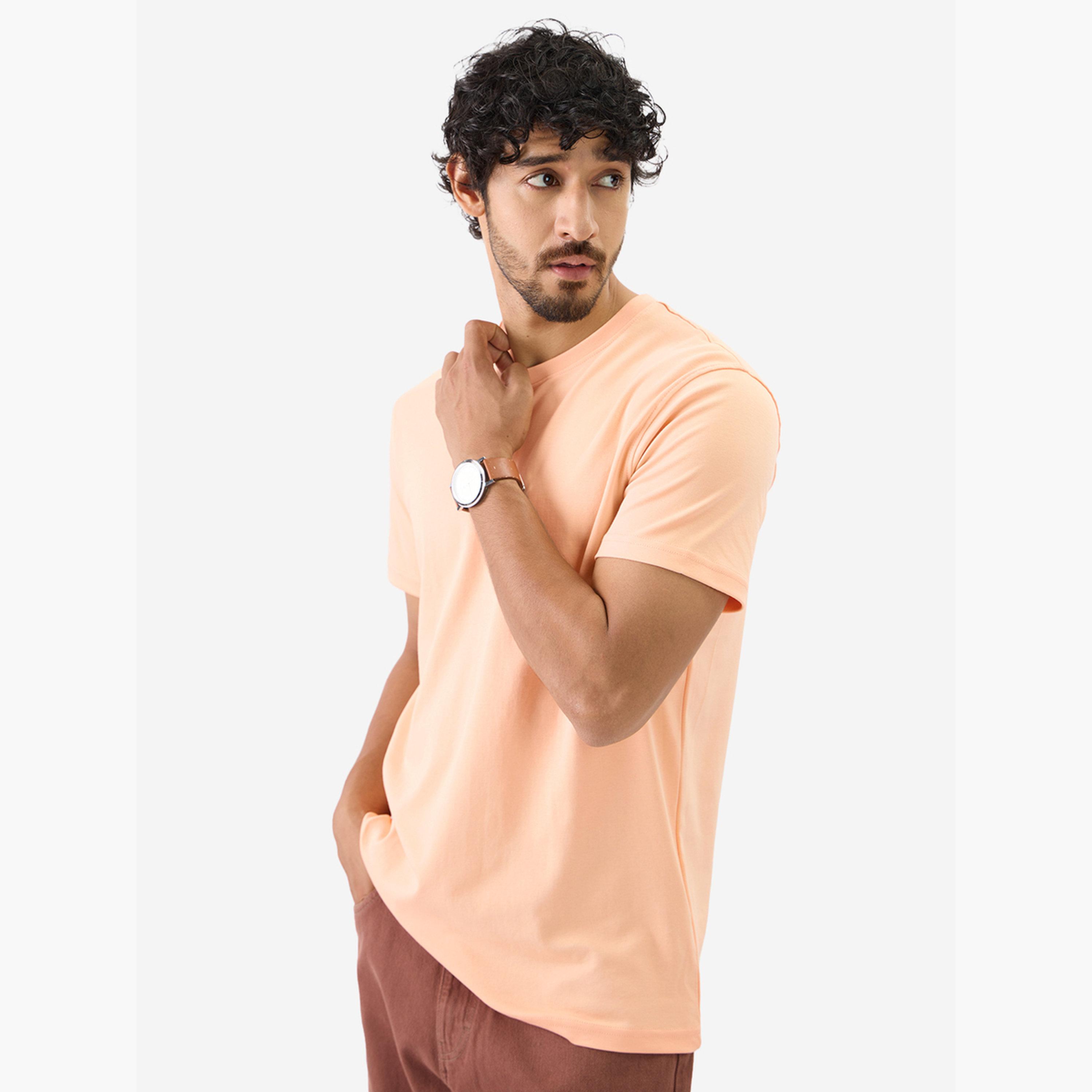 The Souled Store X Styli Men Peach Plain Interlock Cotton T-Shirt-men-clothing-tshirtsandpolos-tshirts-image-3