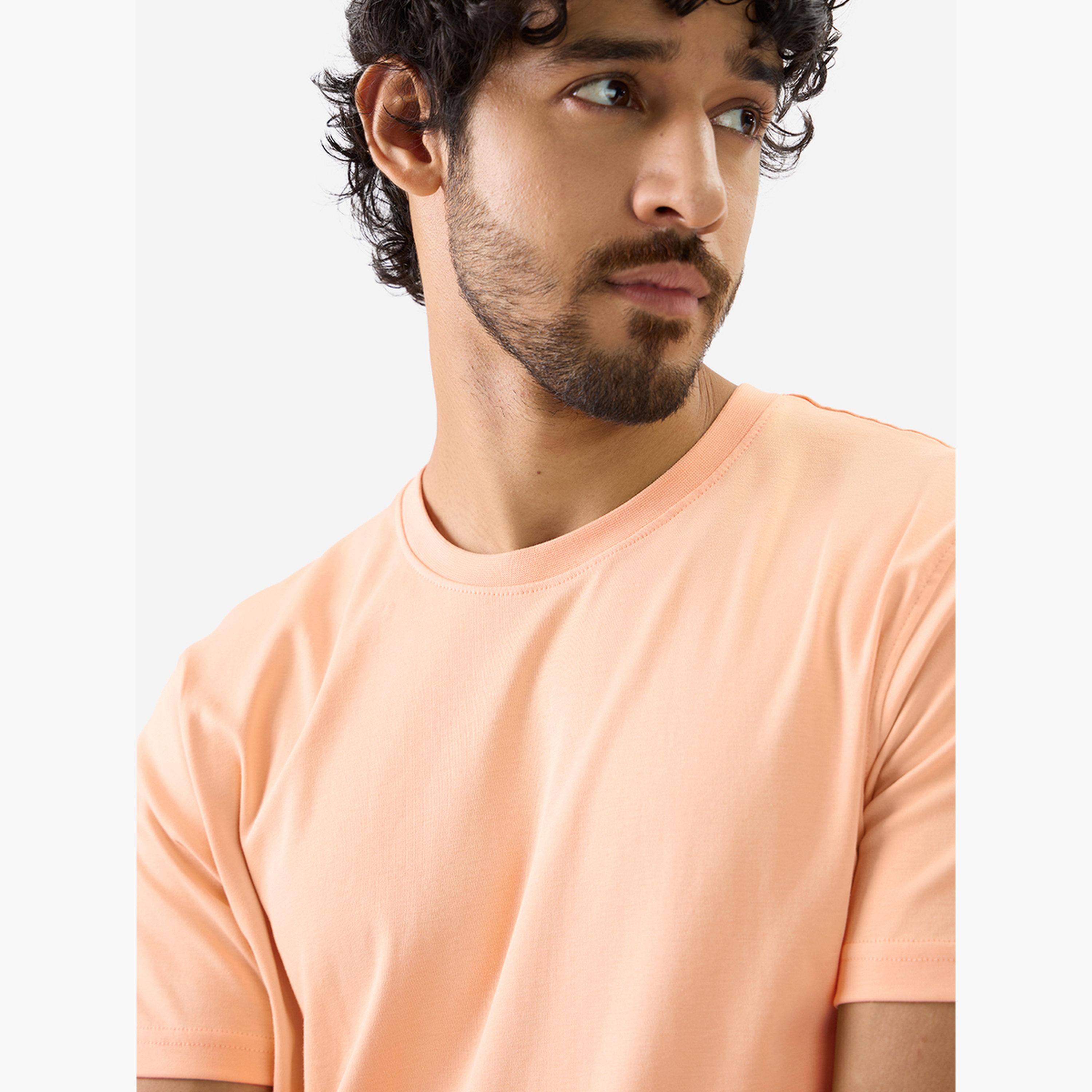 The Souled Store X Styli Men Peach Plain Interlock Cotton T-Shirt-men-clothing-tshirtsandpolos-tshirts-image-5