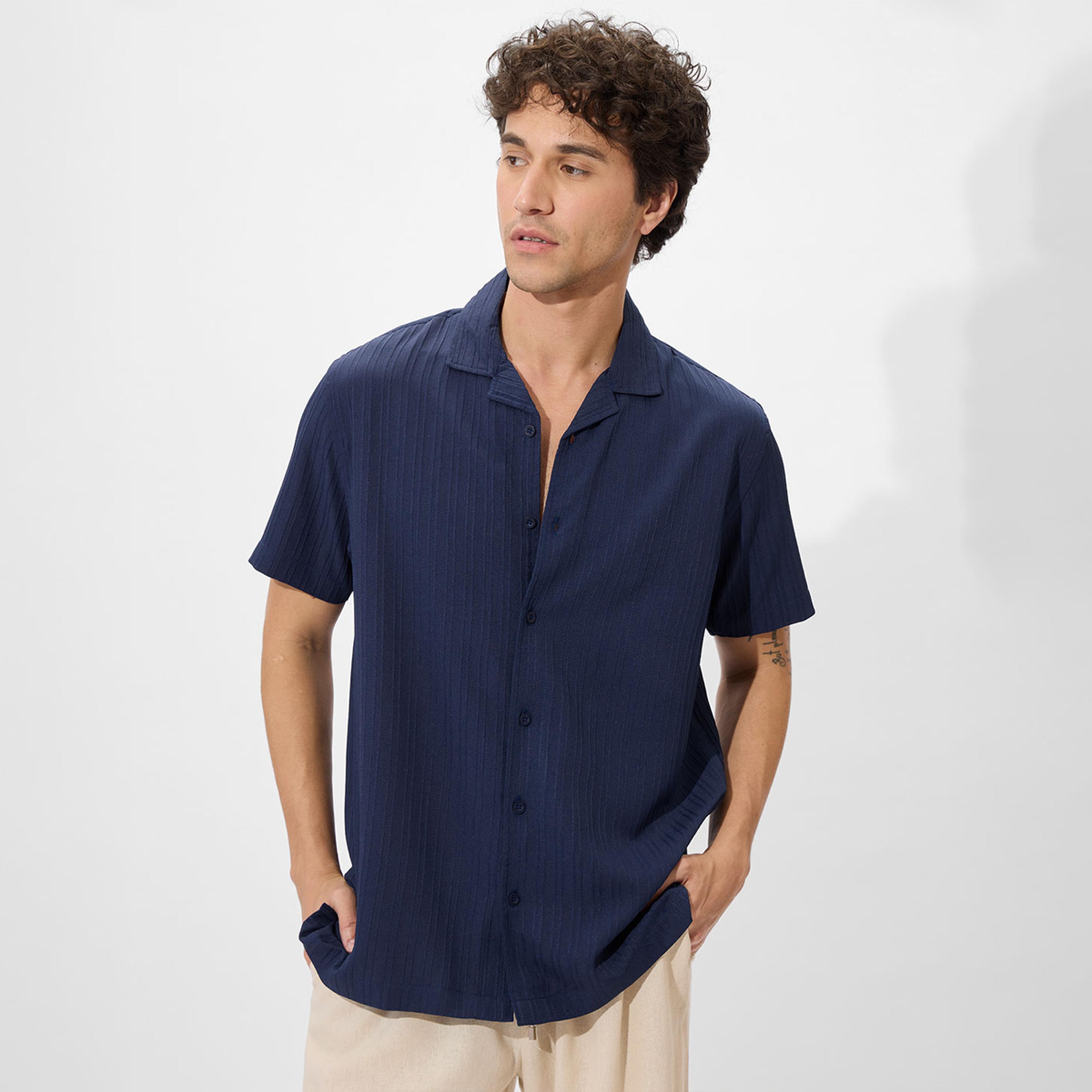 The Souled Store X Styli Men Navy Resort Collar Textured Shirt-men-clothing-shirts-image-1