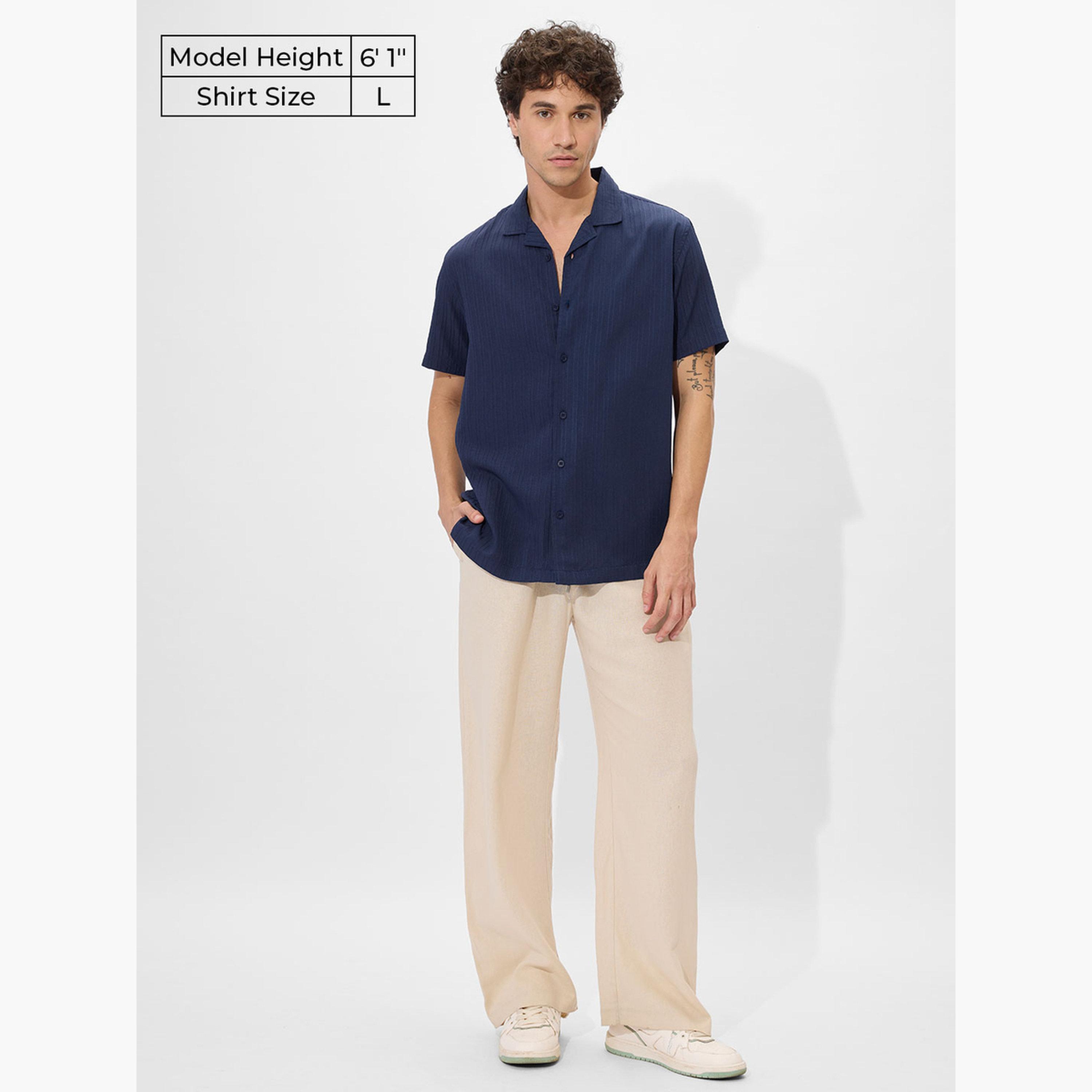 The Souled Store X Styli Men Navy Resort Collar Textured Shirt-men-clothing-shirts-image-2