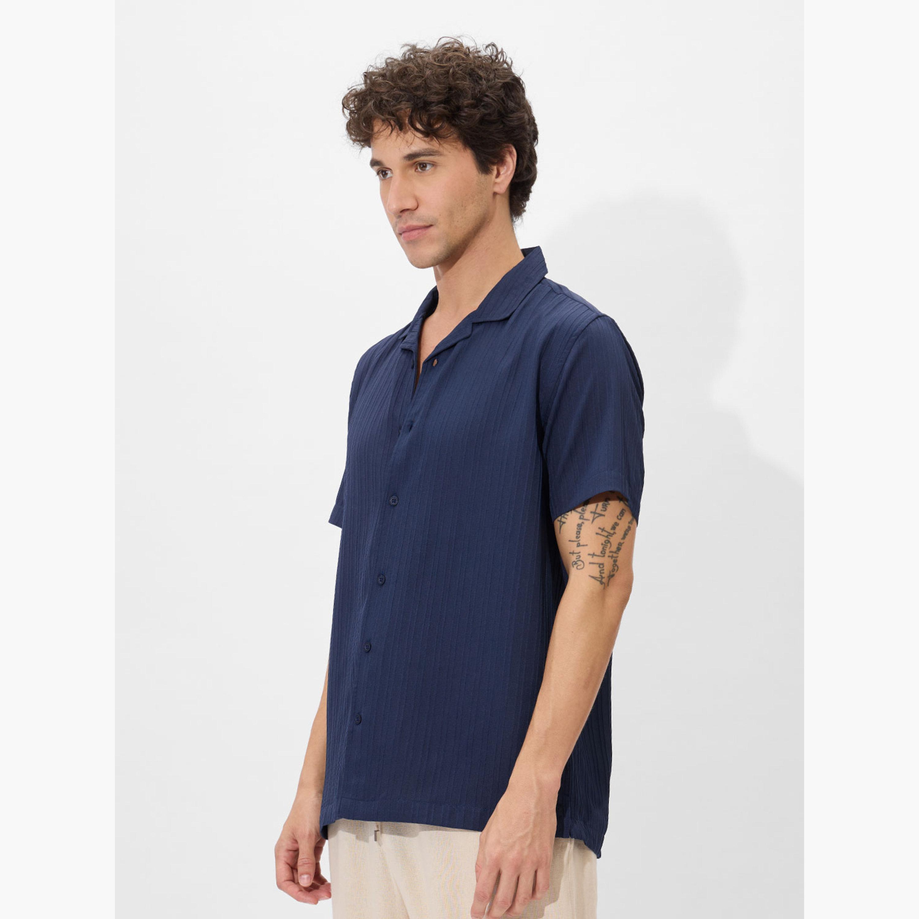 The Souled Store X Styli Men Navy Resort Collar Textured Shirt-men-clothing-shirts-image-3