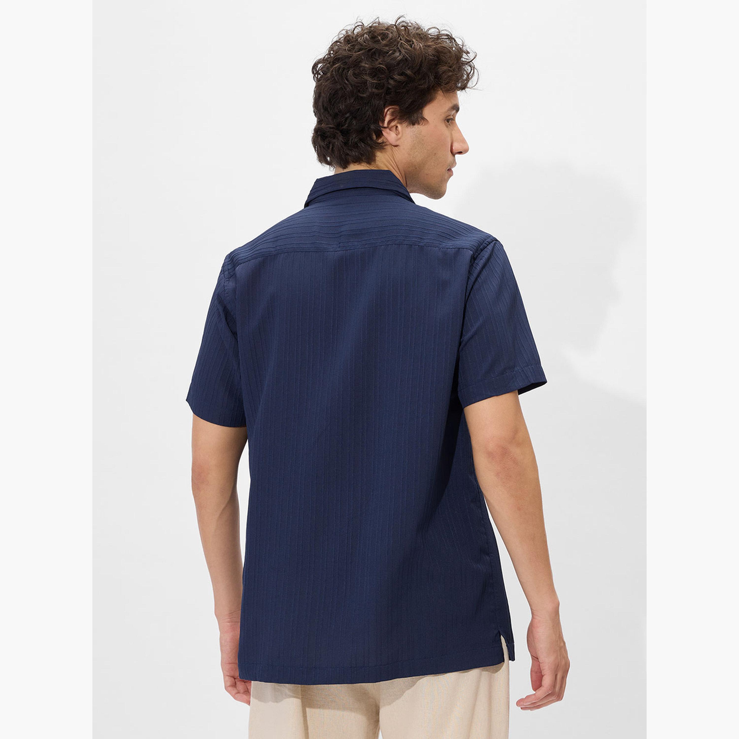 The Souled Store X Styli Men Navy Resort Collar Textured Shirt-men-clothing-shirts-image-4