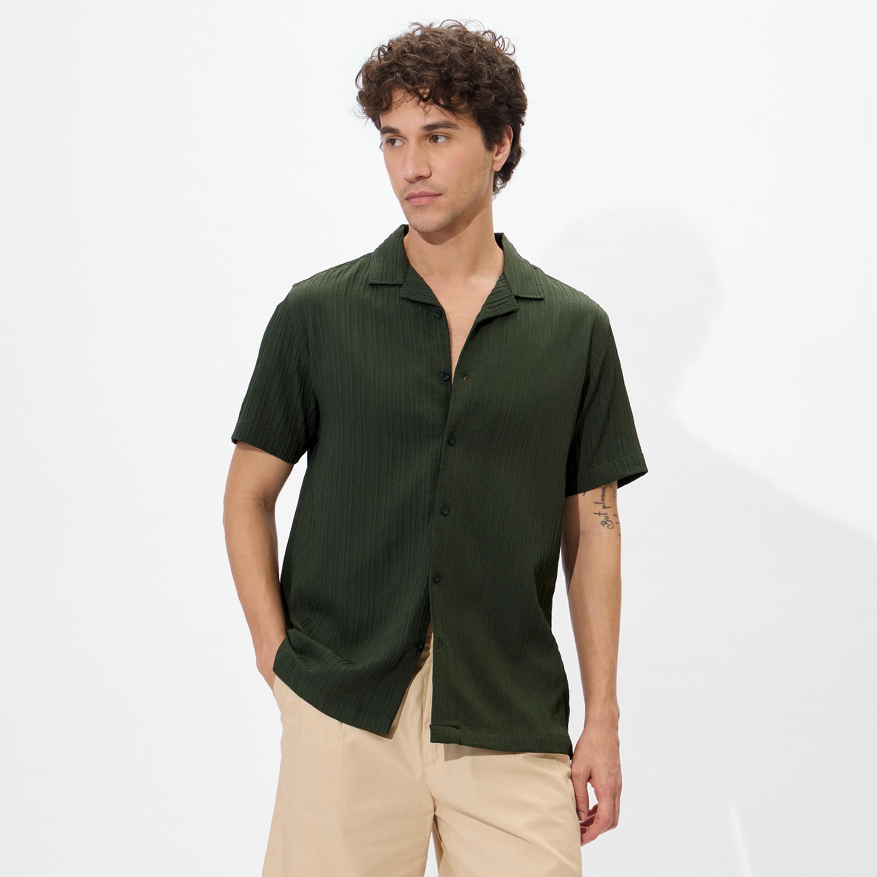 The Souled Store X Styli Men Green Resort Collar Textured Shirt-men-clothing-shirts-image-1