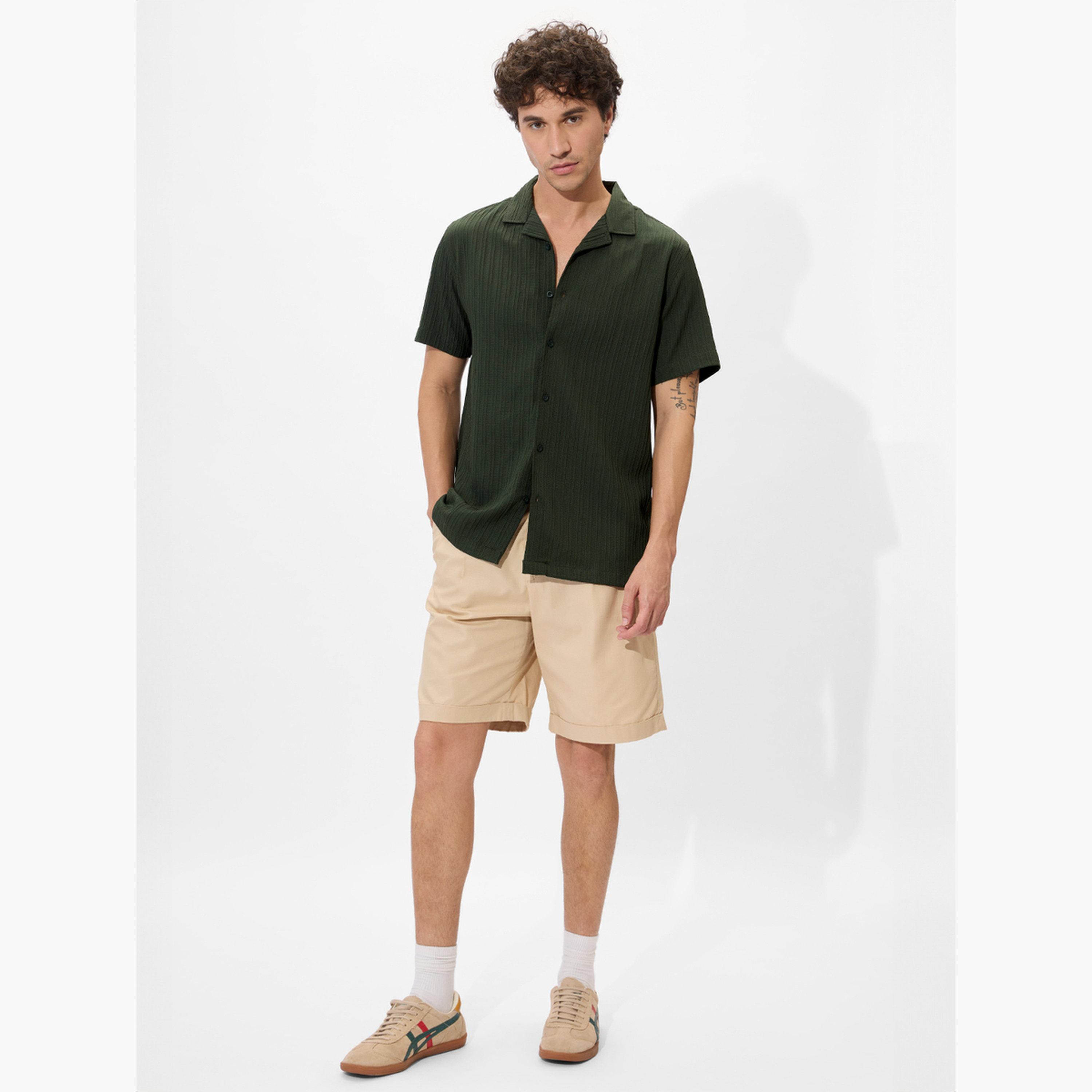 The Souled Store X Styli Men Green Resort Collar Textured Shirt-men-clothing-shirts-image-2