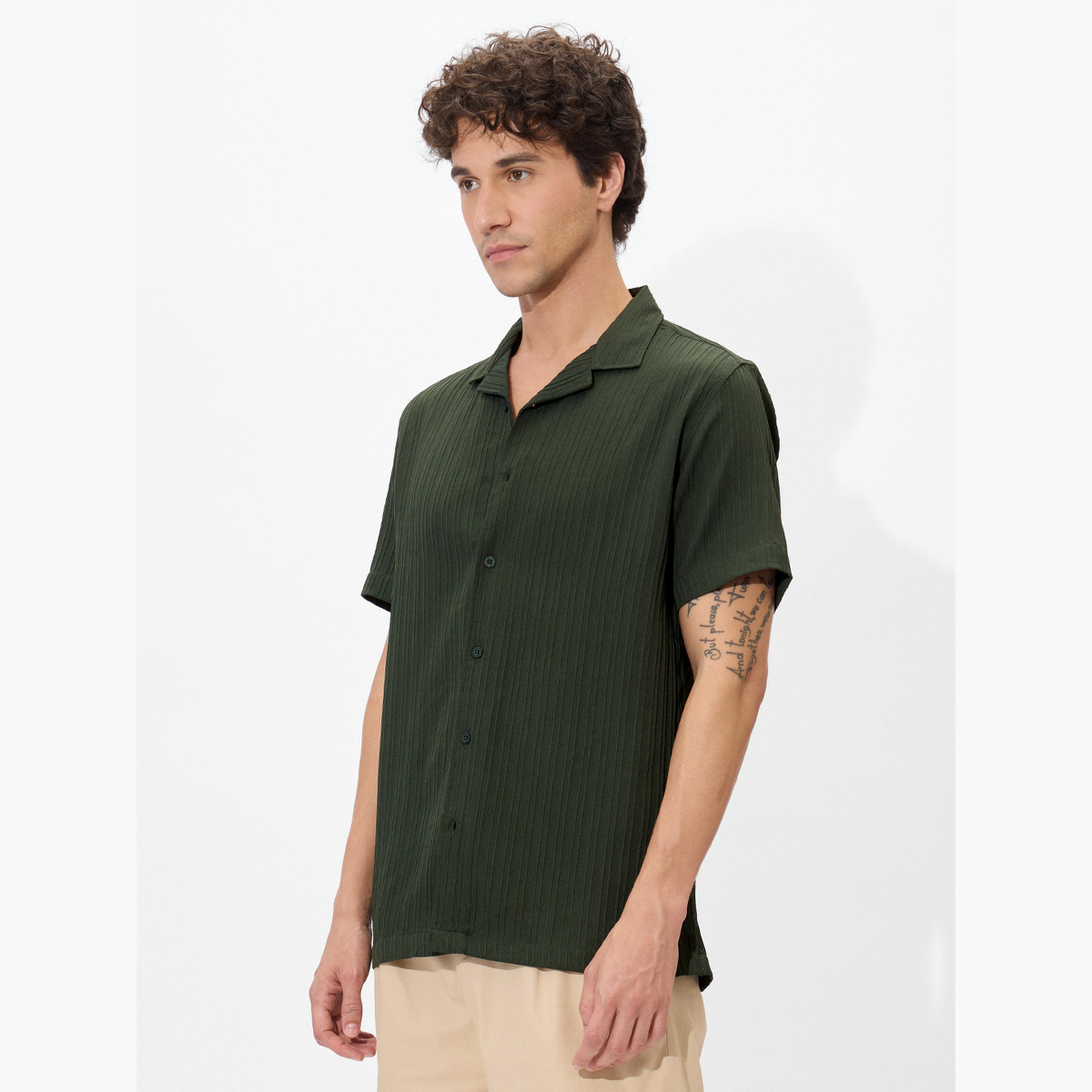 The Souled Store X Styli Men Green Resort Collar Textured Shirt-men-clothing-shirts-image-3