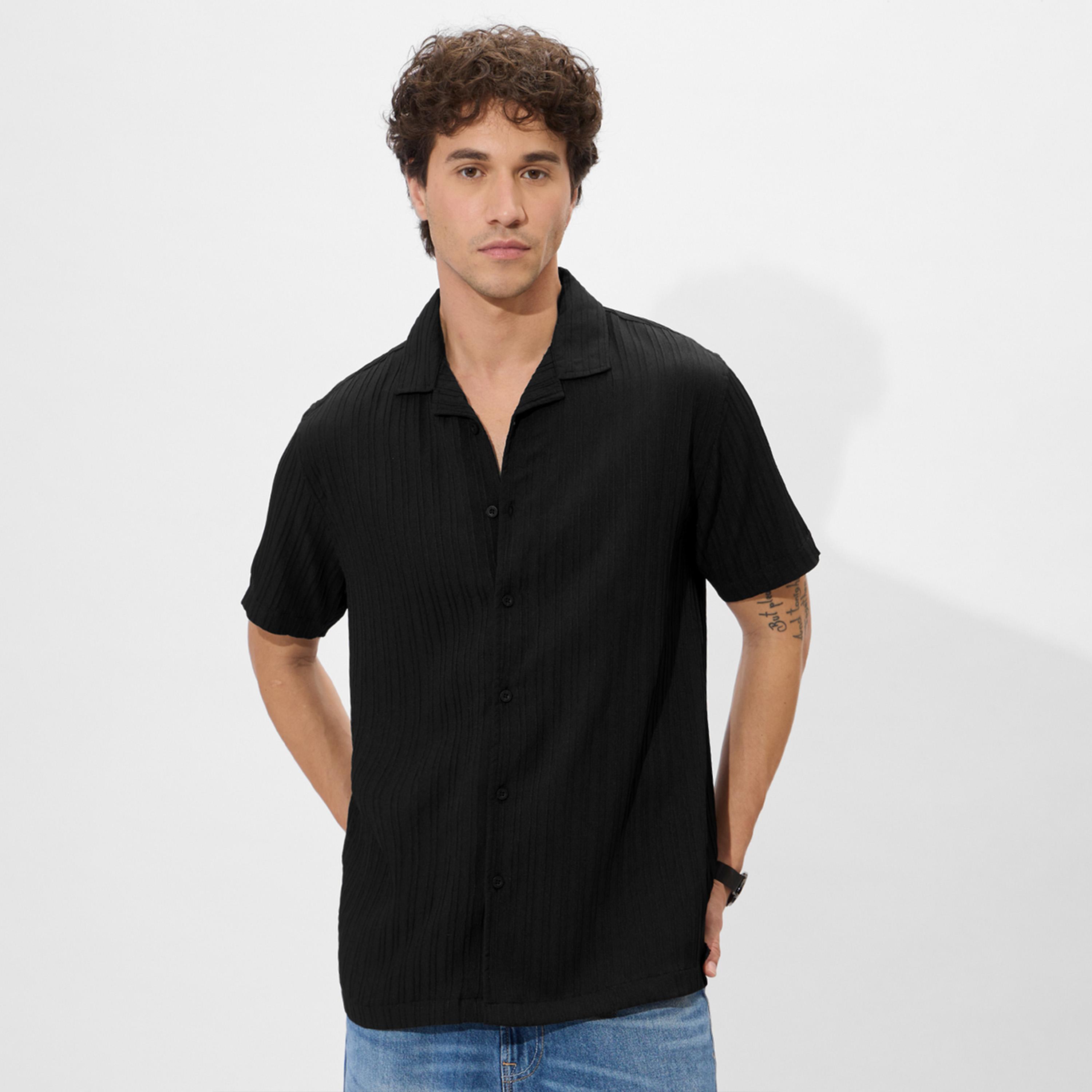 The Souled Store X Styli Men Black Resort Collar Textured Shirt-men-clothing-shirts-image-1