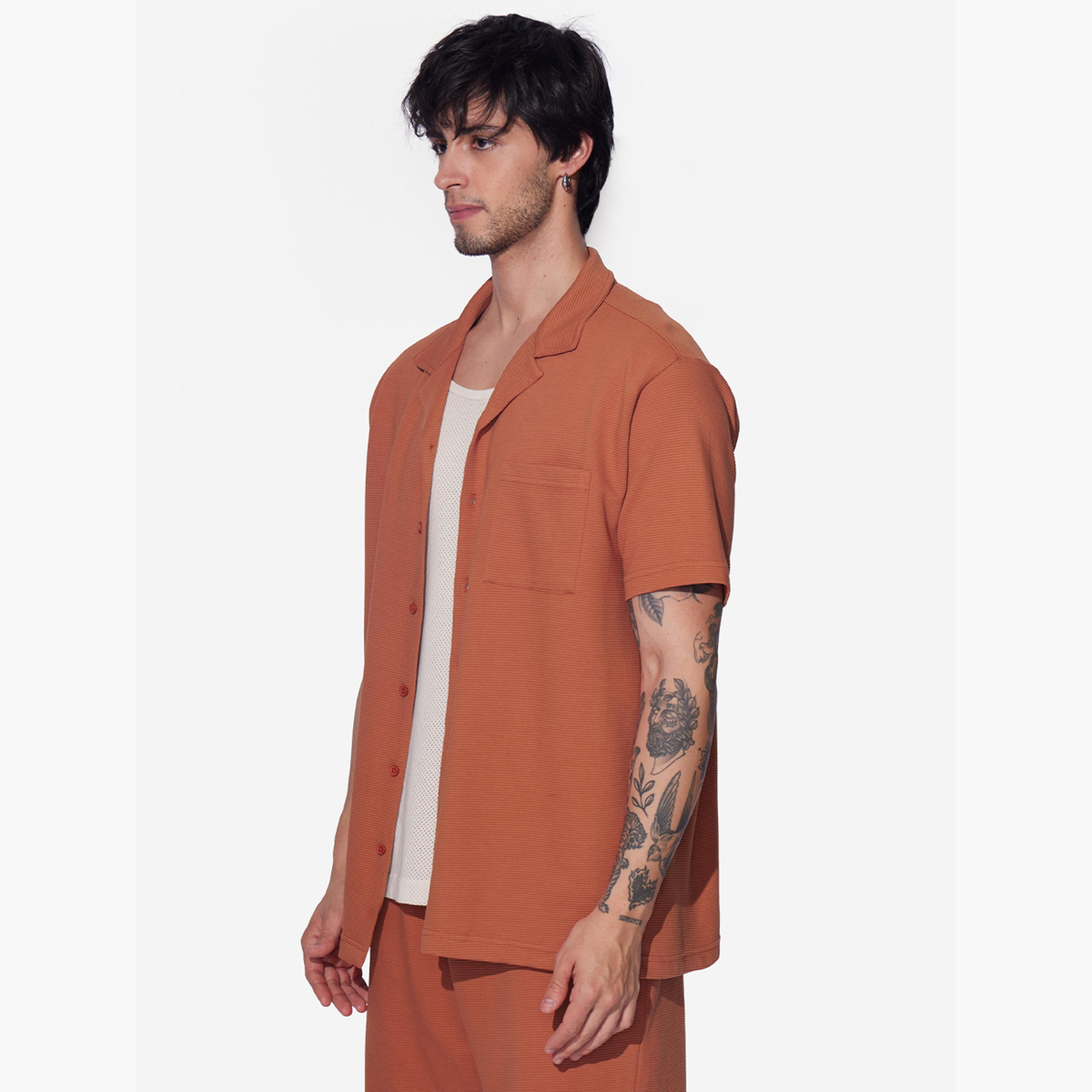 The Souled Store X Styli Men Orange Resort Collar Textured Shirt-men-clothing-shirts-image-3
