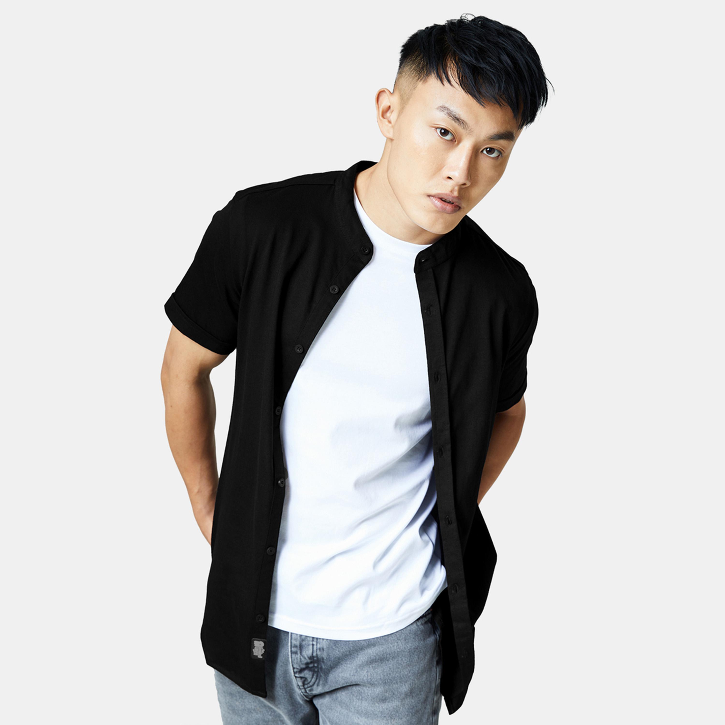 ذا سولد ستور × ستايلي - قميص رجالي أسود محبوك بياقة ماندرين-men-clothing-shirts-image-1