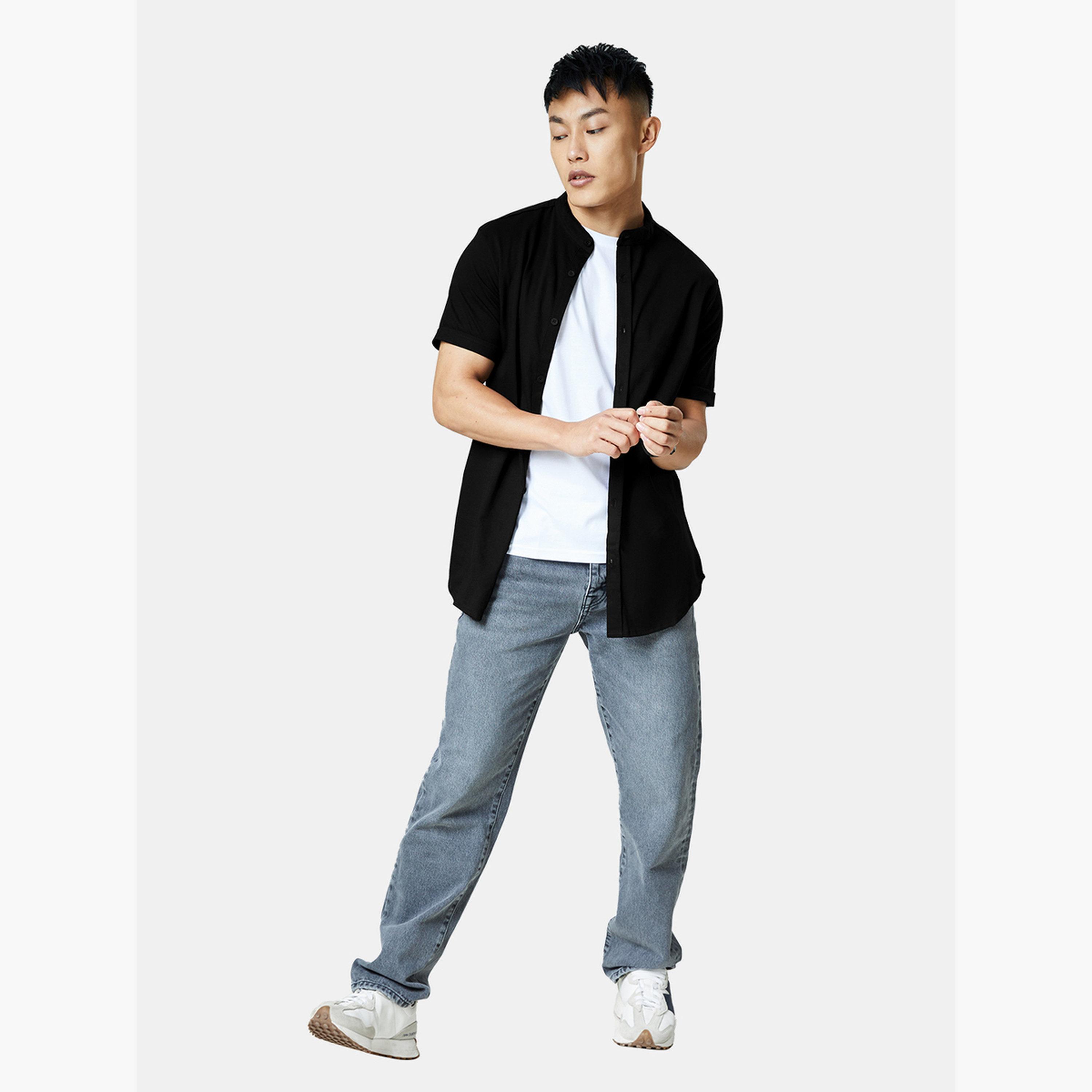 ذا سولد ستور × ستايلي - قميص رجالي أسود محبوك بياقة ماندرين-men-clothing-shirts-image-2
