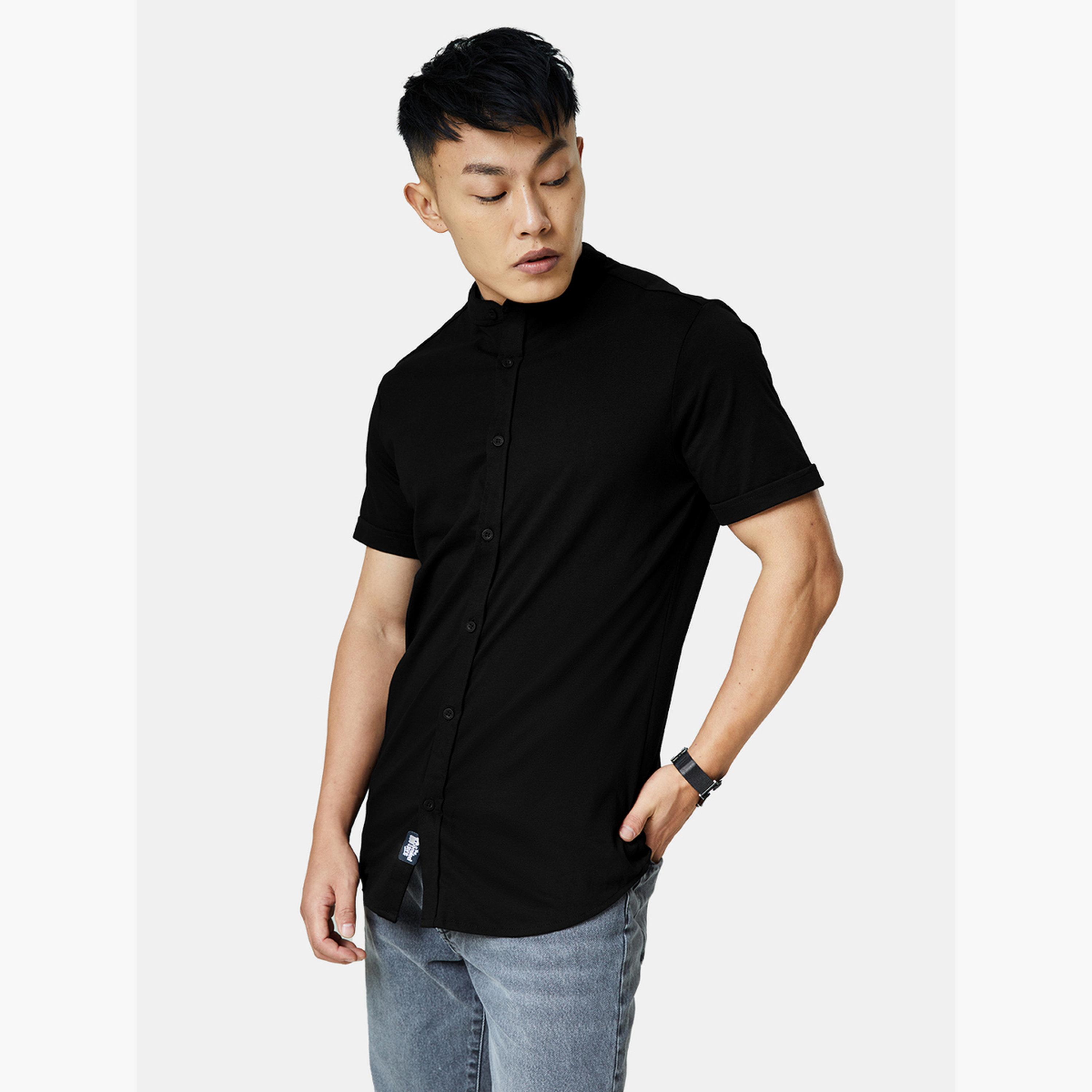 ذا سولد ستور × ستايلي - قميص رجالي أسود محبوك بياقة ماندرين-men-clothing-shirts-image-3