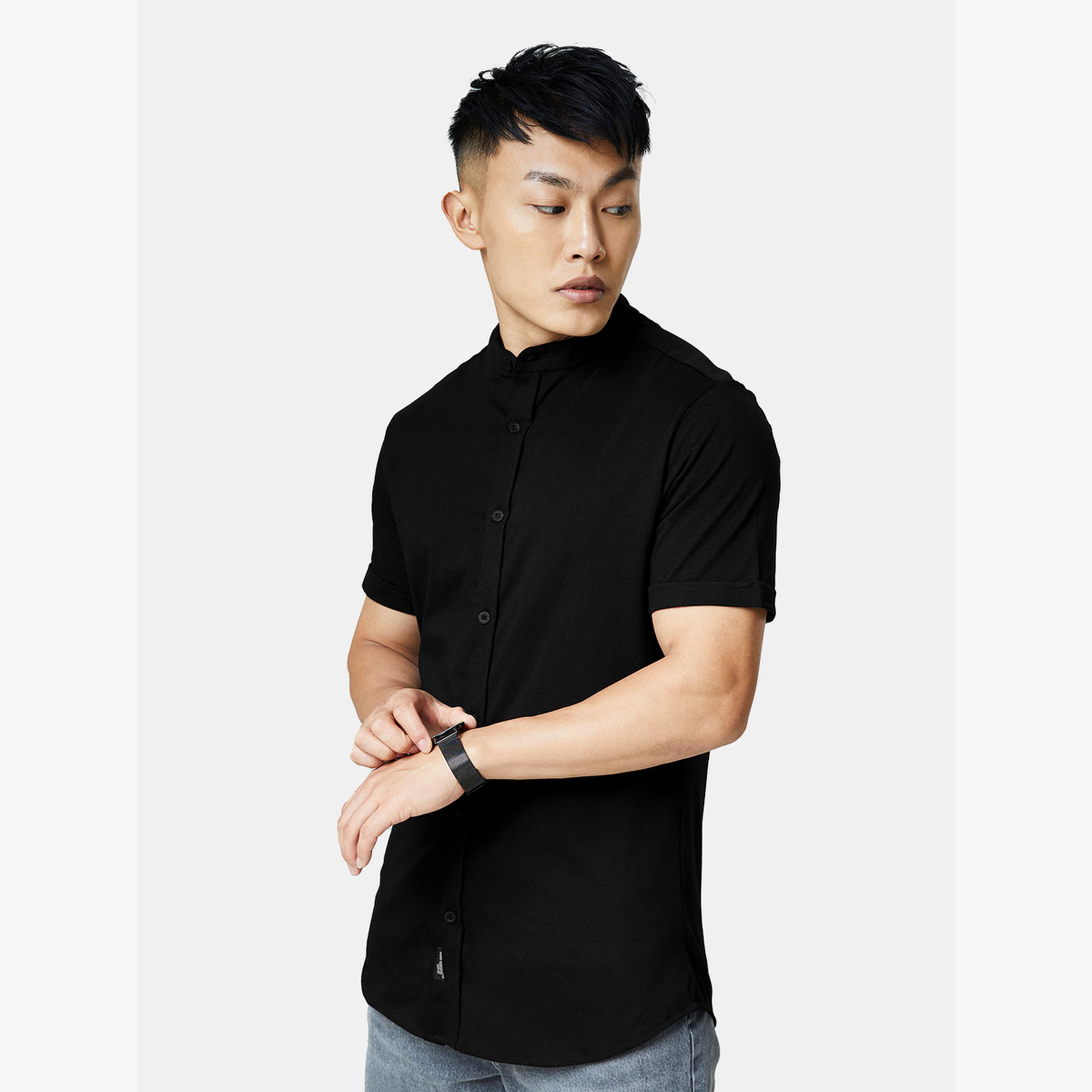 ذا سولد ستور × ستايلي - قميص رجالي أسود محبوك بياقة ماندرين-men-clothing-shirts-image-4