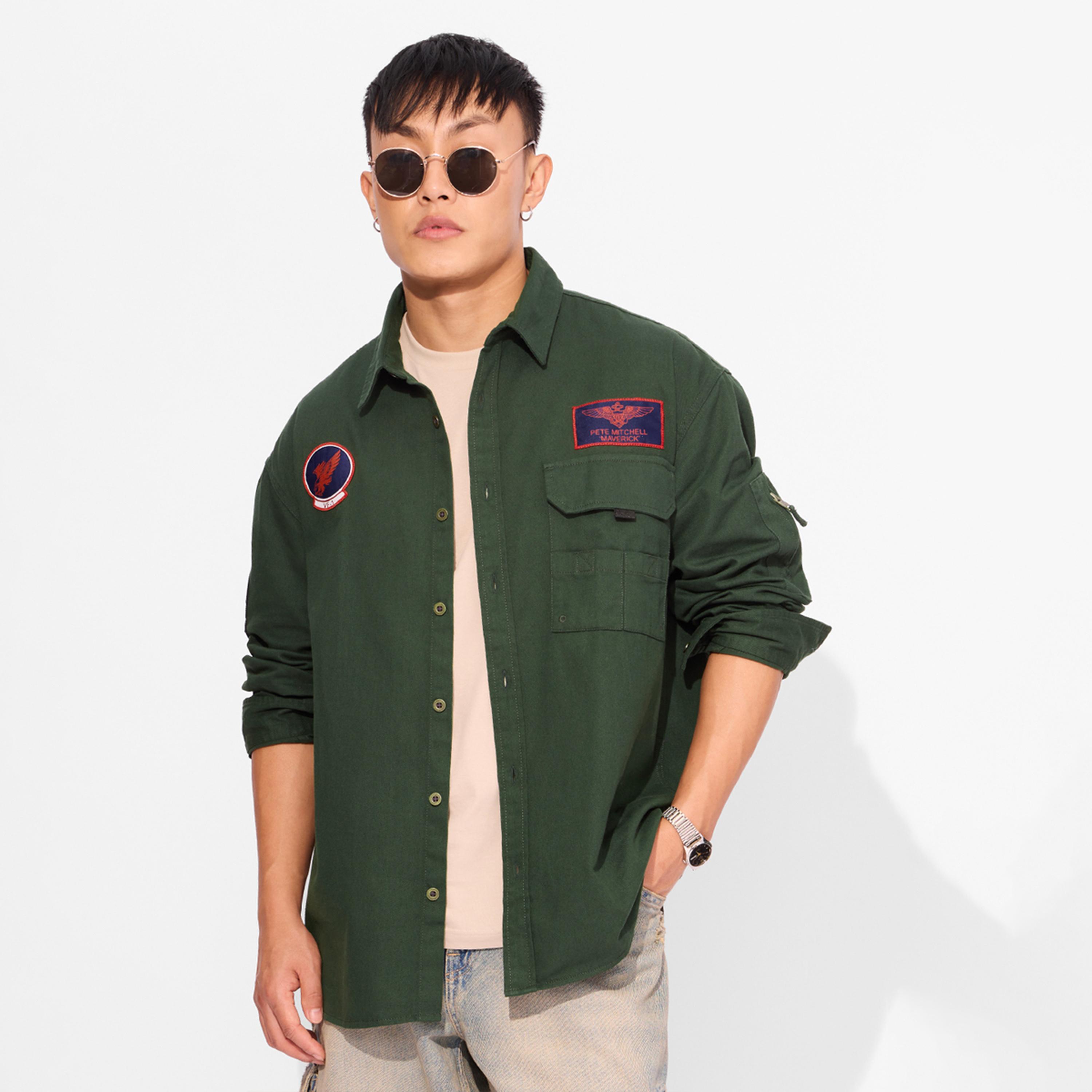 The Souled Store X Styli Men Green Flight Crew Patchwork Shirt-men-clothing-shirts-image-1
