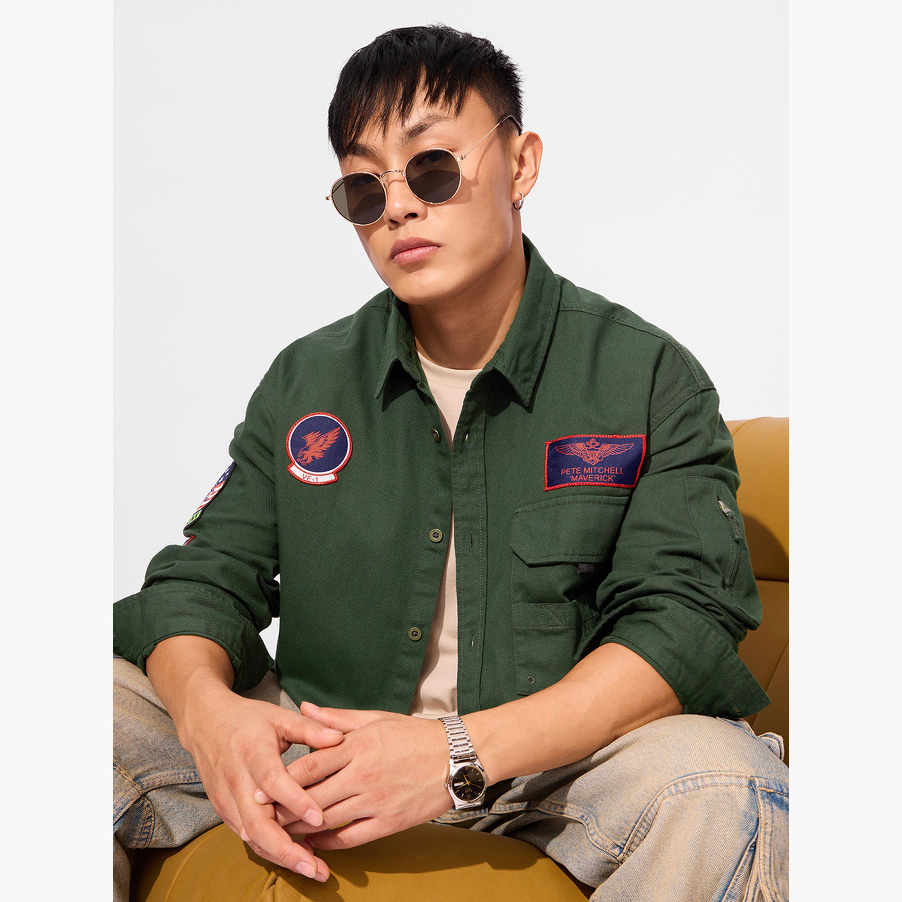 The Souled Store X Styli Men Green Flight Crew Patchwork Shirt-men-clothing-shirts-image-3