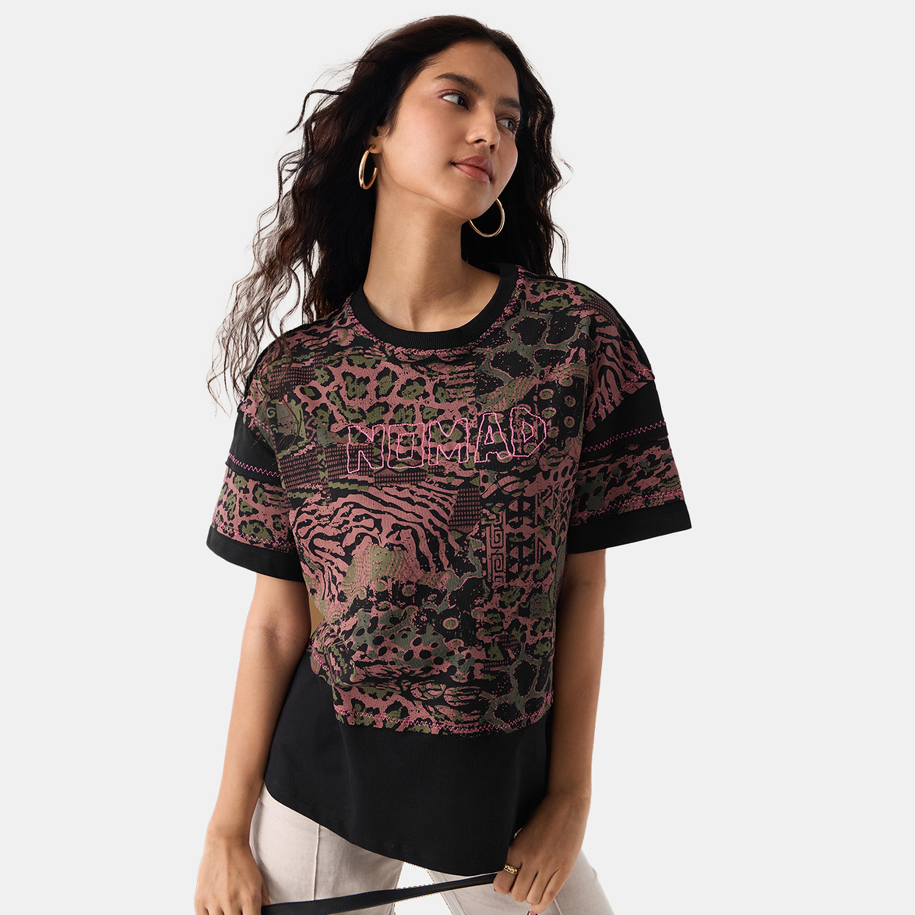 The Souled Store X Styli Black Tribal Print Relaxed Fit T-Shirt-women-clothing-tshirts-image-1