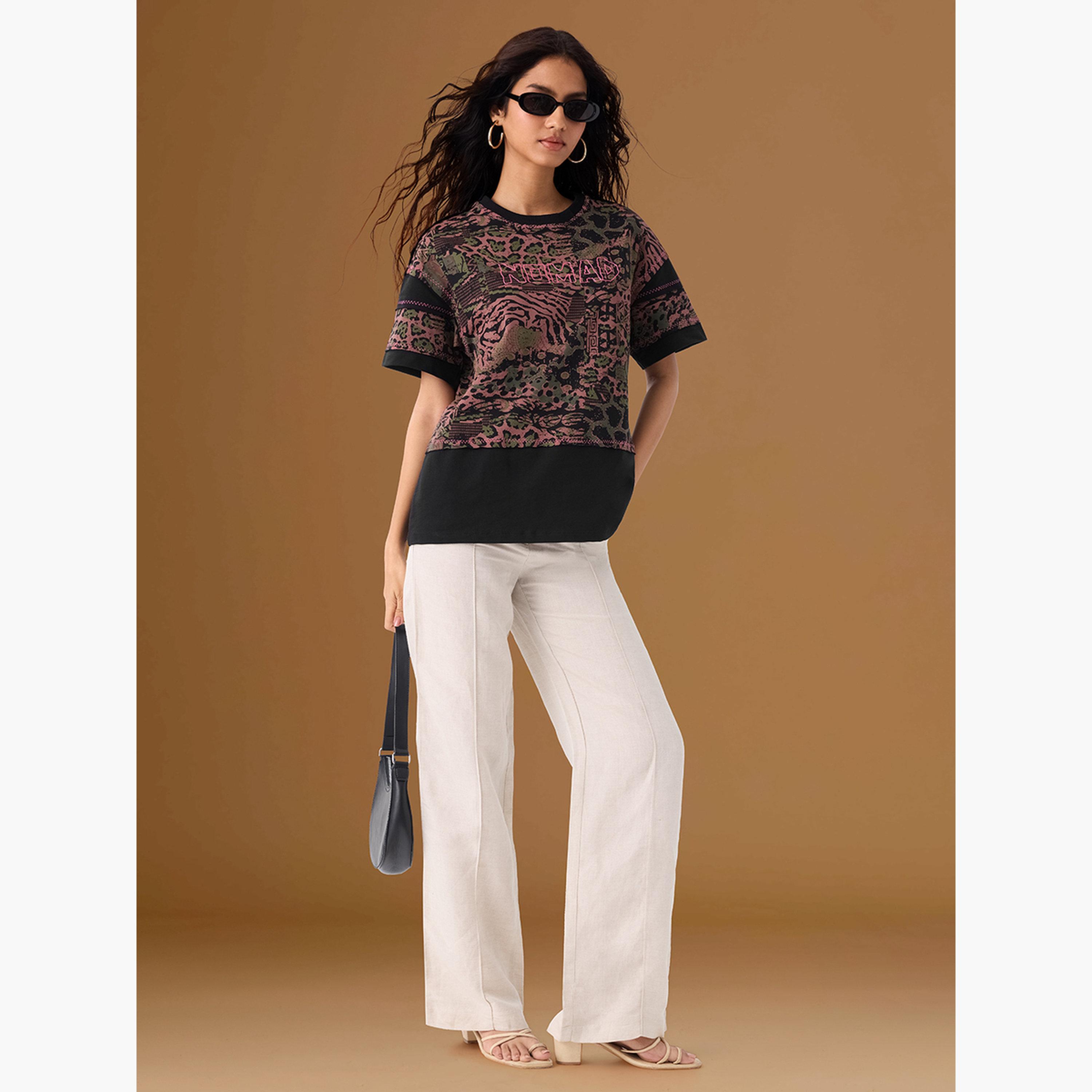 The Souled Store X Styli Black Tribal Print Relaxed Fit T-Shirt-women-clothing-tshirts-image-2