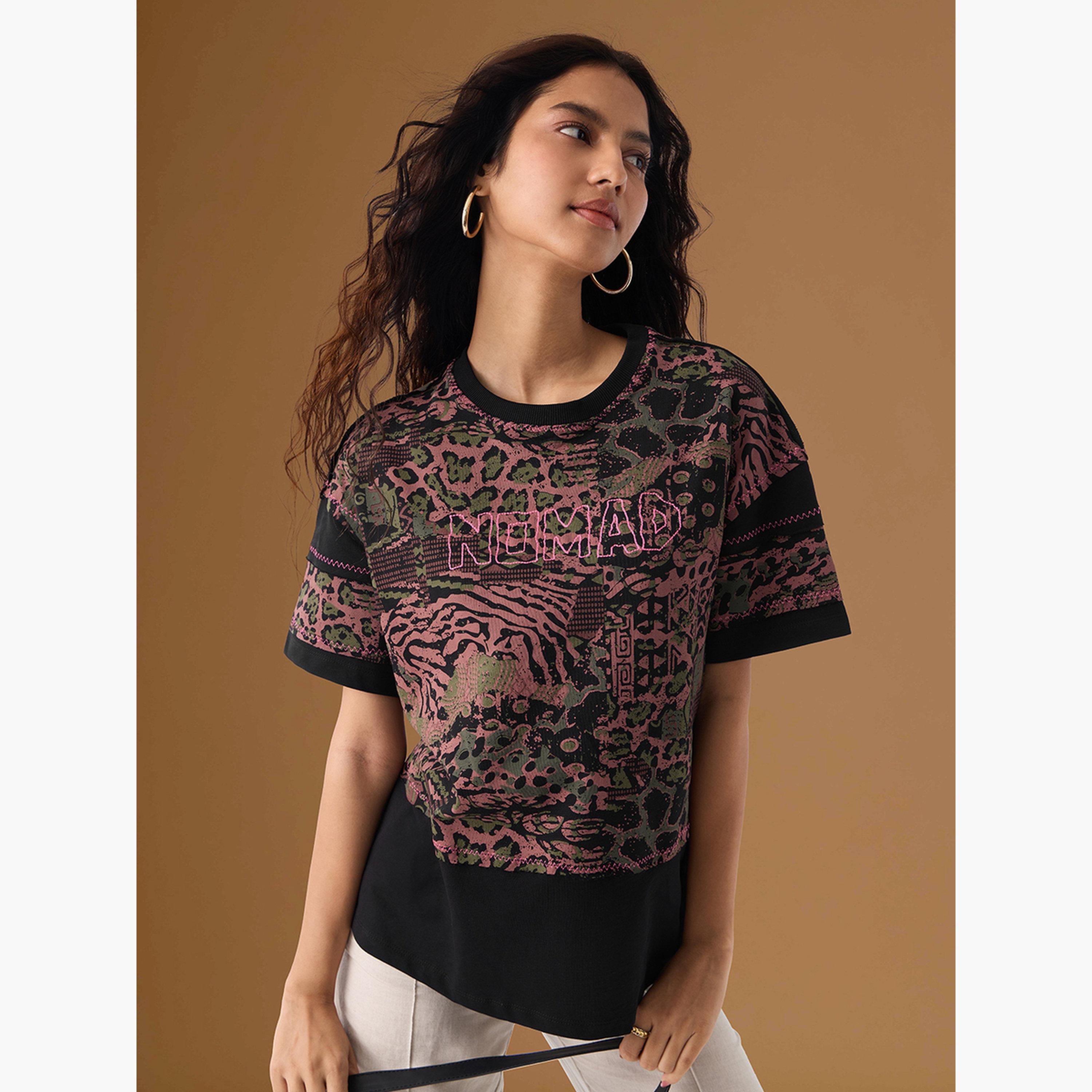 The Souled Store X Styli Black Tribal Print Relaxed Fit T-Shirt-women-clothing-tshirts-image-3