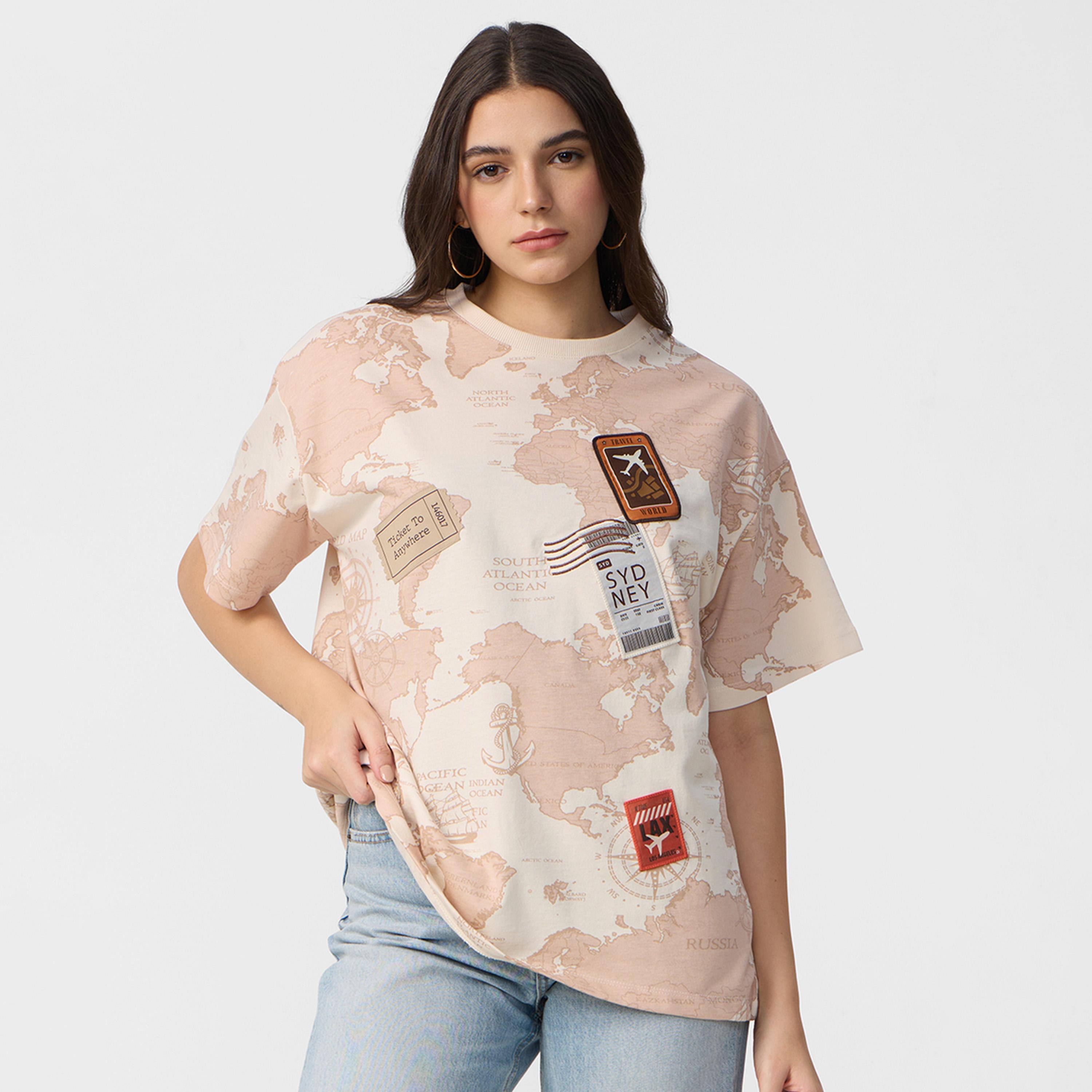 The Souled Store X Styli Beige World Map Print Oversized T-Shirt-women-clothing-tshirts-image-1