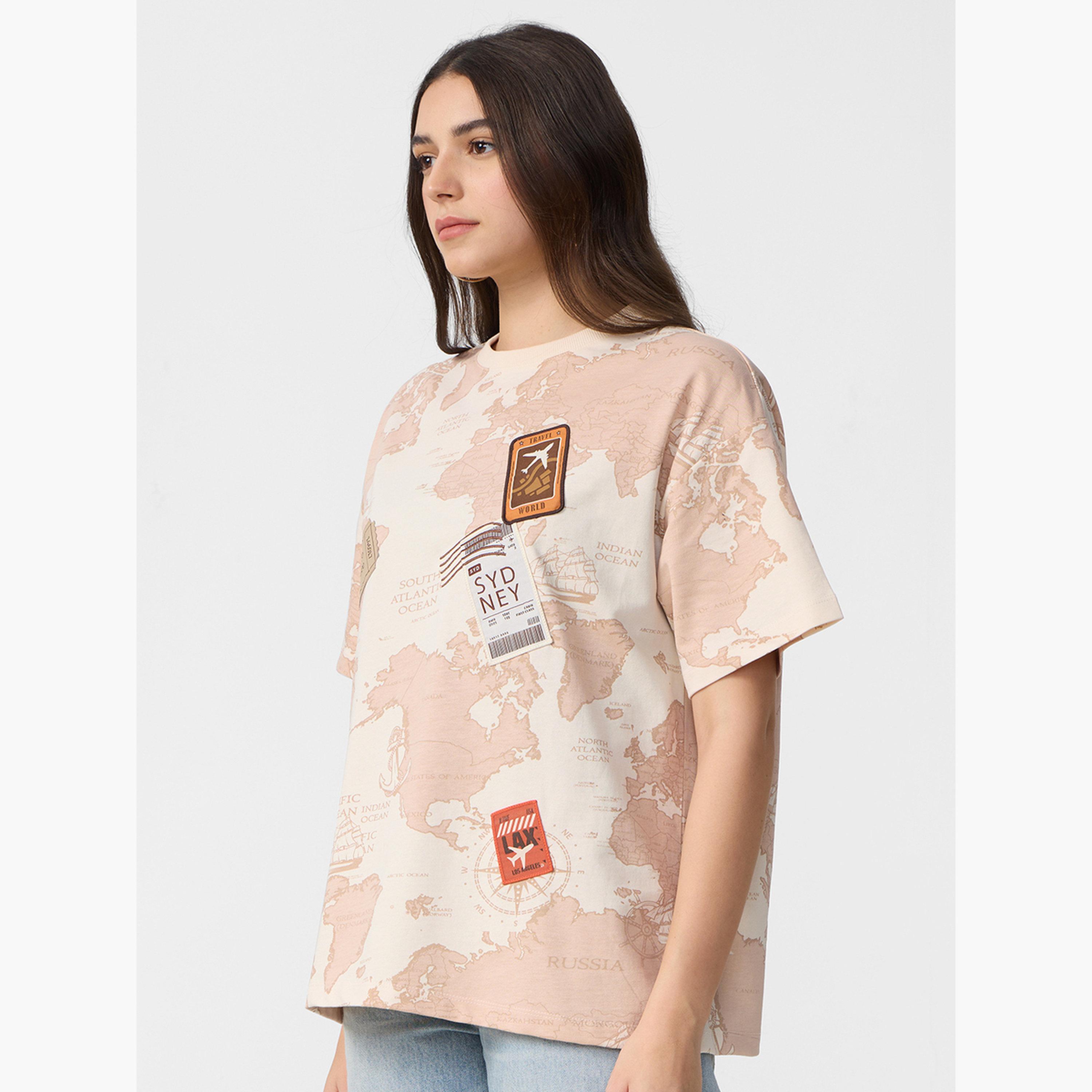 The Souled Store X Styli Beige World Map Print Oversized T-Shirt-women-clothing-tshirts-image-3