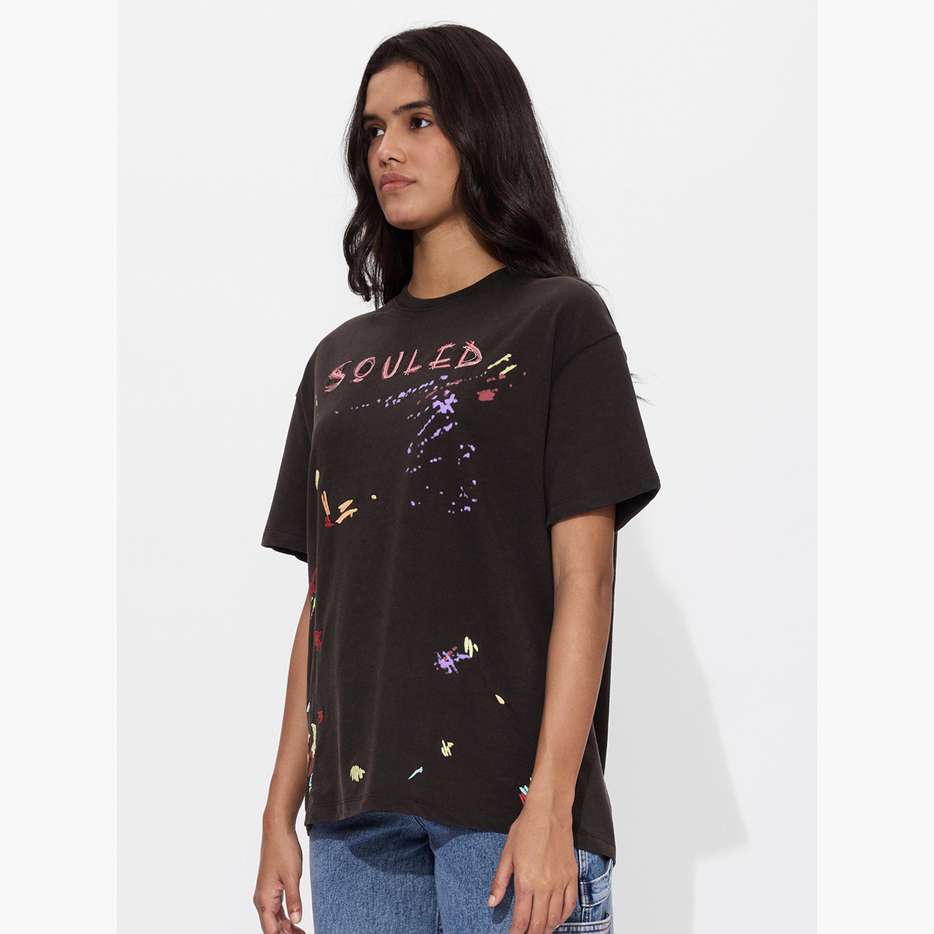 The Souled Store X Styli Brown Graphic Print Oversized T-Shirt-women-clothing-tshirts-image-3