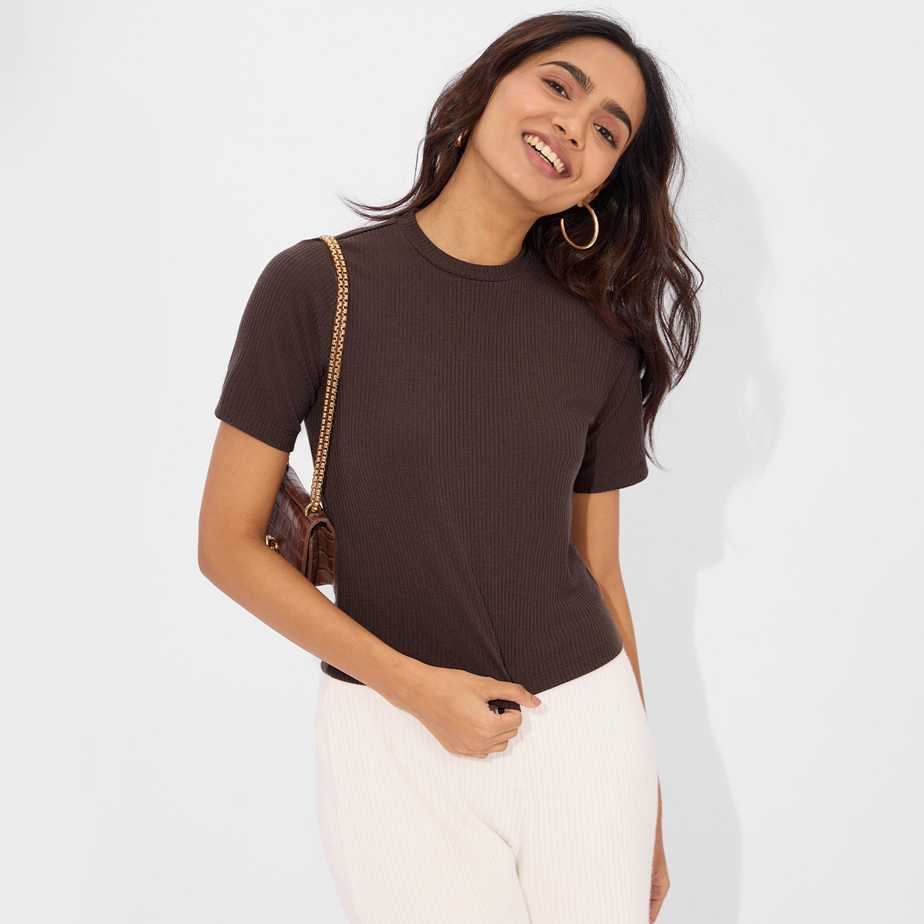 The Souled Store X Styli Chocolate Brown Ribbed Crop T-Shirt-women-clothing-tshirts-image-1