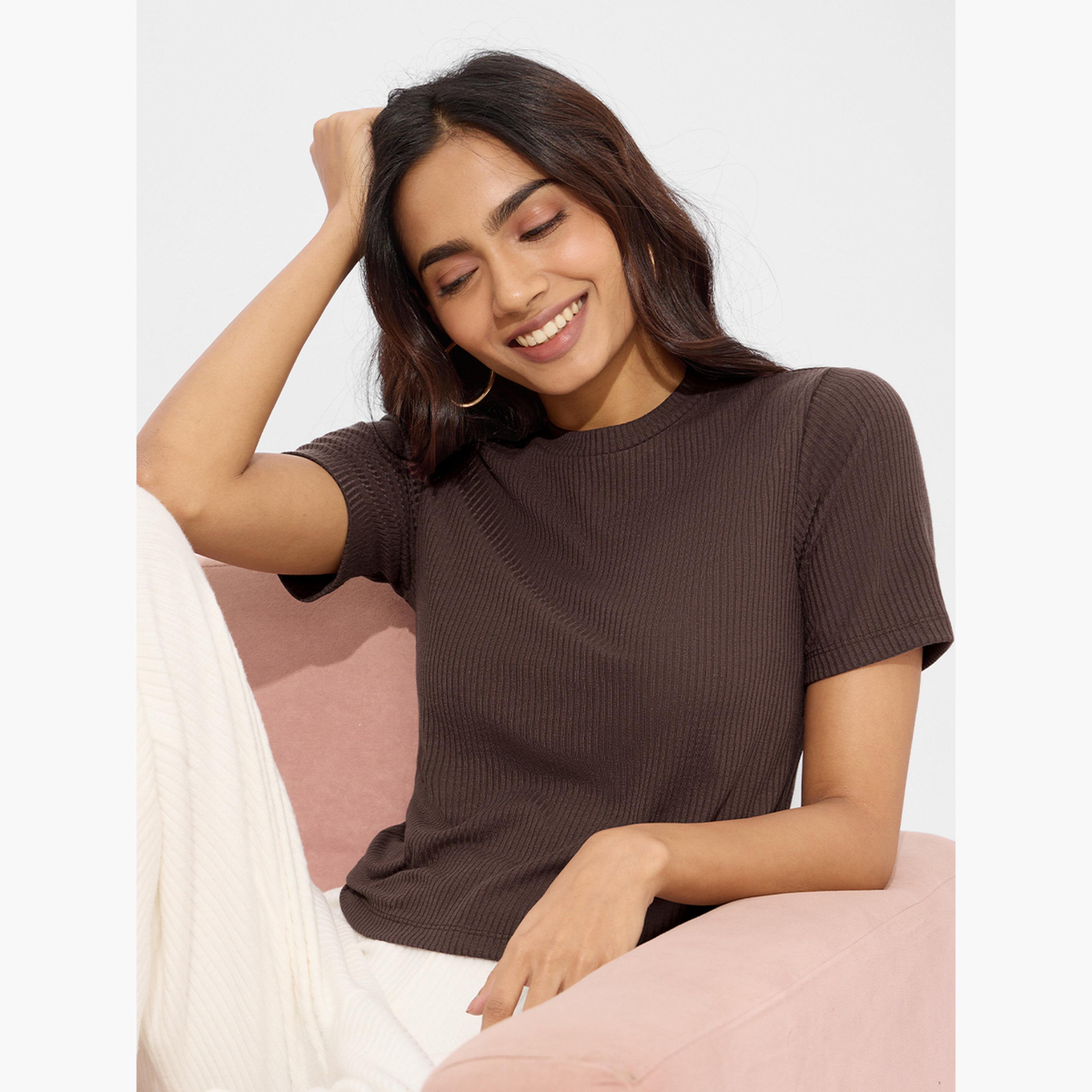 The Souled Store X Styli Chocolate Brown Ribbed Crop T-Shirt-women-clothing-tshirts-image-3